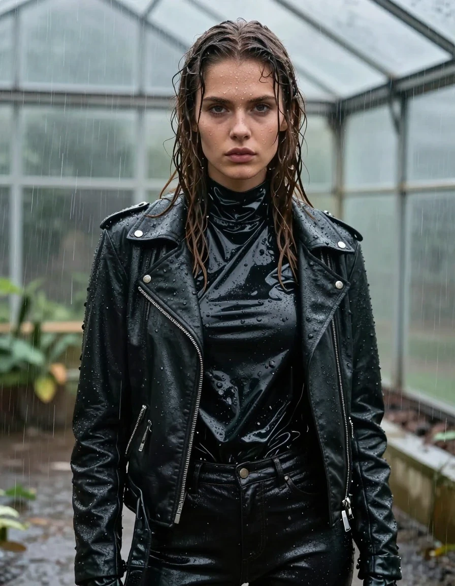 A close-up photorealistic portrait of a young adult European woman with long, dripping wet brown hair and glistening wet skin. She is wearing an oversized black vinyl polar neck shirt, a black biker leather jacket, black leather gloves, and black leather jeans. The leather and vinyl are coated in a heavy water sheen, showcasing deep dark textures, heavy wet folds, and clinging fabric. She is standing inside a leaking greenhouse during a torrential downpour, fully drenched. The environment is filled with heavy rain, water droplets, and mist. The lighting is moody and atmospheric, highlighting the specular reflections on the wet surfaces of her clothes and skin. High-detail photography, sharp focus on facial features and fabric textures, fully clothed, no nudity.
