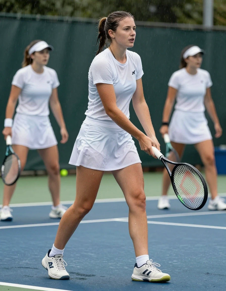 photo of young woman, in soaking wet, drenched clothes,
tennis sneakers, white low socks, skirt, white t shirt, wet court, 
enjoying, wet clothes stuck to body,
detailed textures of the wet clothes, wet face, wet plastered hair,
wet, drenched, professional, high-quality details, full body view.
sharp focus, ultra-high pixel detail, realistic, high-quality, full colors, incredibly detailed, 4k, 8k, 16k, hyper-realistic, RAW photo, masterpiece, ultra-detailed, professionally color graded, professional photograph, two girls playing tennis in rain, wet skin, wet clothes, damp fabric