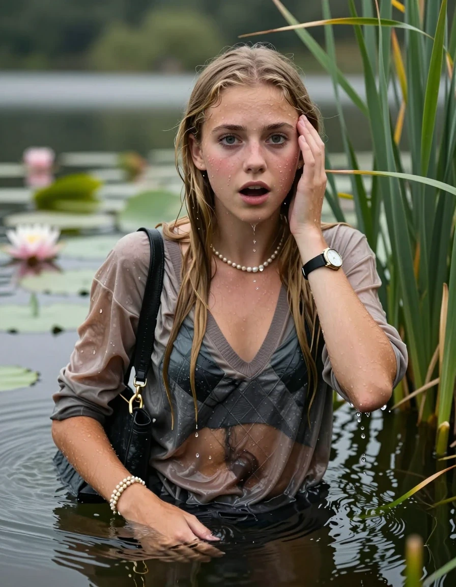 photo of young woman, in soaking wet, drenched clothes,
, , v-neck sweater belly free with diamond pattern , shoulderbag, pearl necklace, bracelet, wristwatch, Go back in the water after diving in a lake with water lilies and reeds, 
enjoying, wet clothes stuck to body,
detailed textures of the wet clothes, wet face, wet plastered hair,
wet, drenched, professional, high-quality details, full body view.
sharp focus, ultra-high pixel detail, realistic, high-quality, full colors, incredibly detailed, 4k, 8k, 16k, hyper-realistic, RAW photo, masterpiece, ultra-detailed, professionally color graded, professional photograph, Slim  Blonde sleek Long straight hair

15 years old  teenage girl

Looking at camera, open mouth, big eyes. Hold a hand on her face. Whole body and shoulders are submerged under the surface.

she is completely underwater up to her neck,  horny and shocked expression.

She hides in the reeds.

her submerged clothes are hardly vusible under water, she soaked her handbag into the water

her clothing is soaking wet and clinging tightly to her skin, showing heavy wet folds, darkened fabric texture, and deep water-saturated Patches, her clothes are heavy from the water, water runs from her body and her clothes in streams. A lot of water also runs out of her clothes. Her clothes are darkened by the water. Her submerged clothes are good visible under the water.  she soaked her handbag into the water.

close up view, wet skin, wet clothes, wet hair, damp fabric, water runs down the clothes, wet skin, wet clothes, damp fabric. cinematic medium shot, hyper-realistic wetness, high-contrast water sheen, sharp focus, 16k resolution, professional photography, realistic water physics., wet skin, wet clothes, damp fabric, wet skin, wet clothes, damp fabric, wet skin, wet clothes, damp fabric