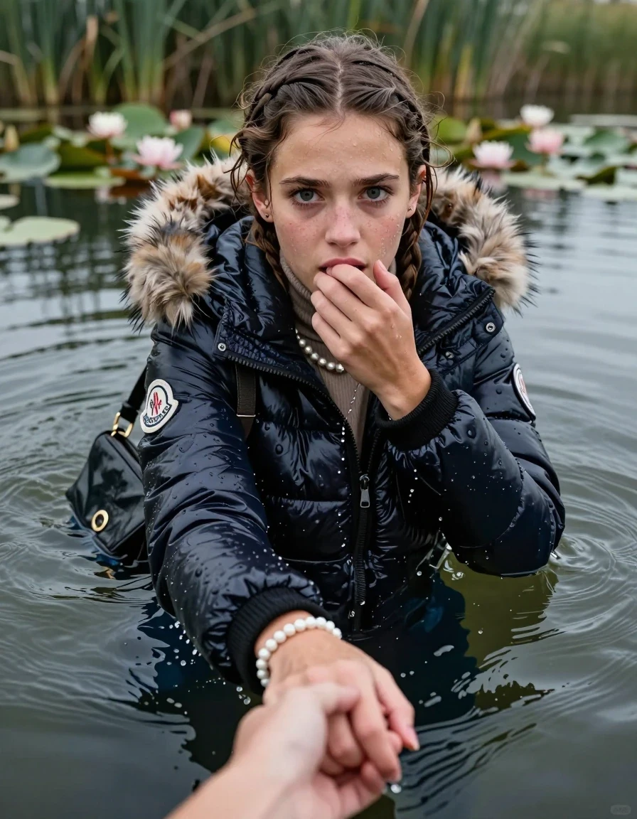 photo of young woman, in soaking wet, drenched clothes,
, , Moncler shiny puffer down jacket with fur, tight turtleneck sweater belly free, shoulderbag, pearl necklace, bracelet, wristwatch, Go back deep into the water after diving in a lake with water lilies and reeds, 
enjoying, wet clothes stuck to body,
detailed textures of the wet clothes, wet face, wet plastered hair,
wet, drenched, professional, high-quality details, full body view.
sharp focus, ultra-high pixel detail, realistic, high-quality, full colors, incredibly detailed, 4k, 8k, 16k, hyper-realistic, RAW photo, masterpiece, ultra-detailed, professionally color graded, professional photograph, Braided hair

15 years old  teenage girl

Looking up at camera, hold with a hand the other the viewer's hand, pulling them toward the center of the water. One hand on her mouth. Whole body and shoulders are submerged under the surface. Looking up at camera. horny eyes.

she is completely underwater up to her neck,  fearful and shocked expression. 

her submerged clothes are hardly vusible under water, she soaked her handbag into the water
she is completely underwater up to her neck, afraid and astonished expression. 

her clothing is soaking wet and clinging tightly to her skin, showing heavy wet folds, darkened fabric texture, and deep water-saturated Patches, her clothes are heavy from the water, water runs from her body and her clothes in streams. A lot of water also runs out of her clothes. Her clothes are darkened by the water. Her submerged clothes are good visible under the water.  she soaked her handbag into the water.

close up view, wet skin, wet clothes, wet hair, damp fabric, water runs down the clothes, wet skin, wet clothes, damp fabric. cinematic medium shot, hyper-realistic wetness, high-contrast water sheen, sharp focus, 16k resolution, professional photography, realistic water physics., wet skin, wet clothes, damp fabric, wet skin, wet clothes, damp fabric, wet skin, wet clothes, damp fabric