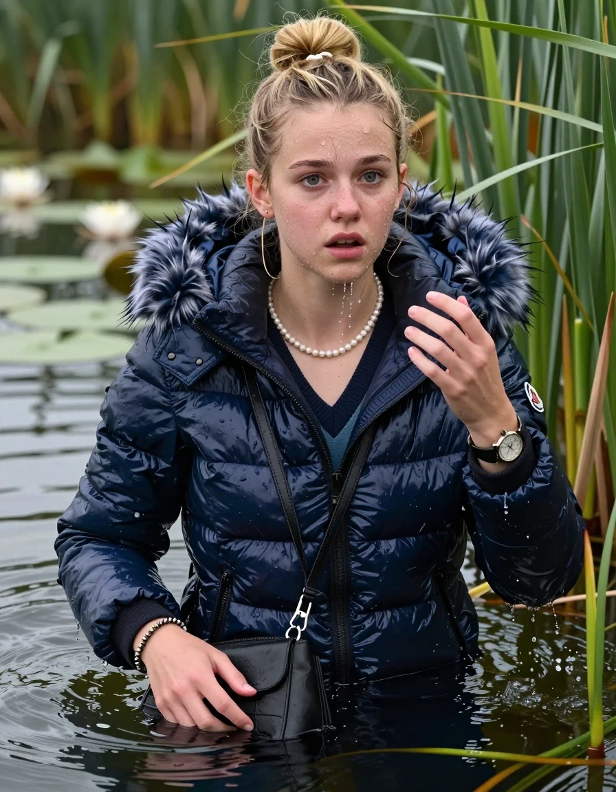 photo of young woman, in soaking wet, drenched clothes,
, , Blue Moncler shiny puffer down coat with fur, v-neck sweater, shoulderbag, pearl necklace, bracelet, wristwatch, Go back in the water after diving in a lake with water lilies and reeds, 
enjoying, wet clothes stuck to body,
detailed textures of the wet clothes, wet face, wet plastered hair,
wet, drenched, professional, high-quality details, full body view.
sharp focus, ultra-high pixel detail, realistic, high-quality, full colors, incredibly detailed, 4k, 8k, 16k, hyper-realistic, RAW photo, masterpiece, ultra-detailed, professionally color graded, professional photograph, Blonde Topknot

15 years old  teenage girl

Looking slightly away, open mouth, big eyes. hands up. Whole body and shoulders are submerged under the surface. Looking up at camera. horny eyes.

she is completely underwater up to her neck,  sad but enjoying expression.

She hides in the reeds.

her submerged clothes are hardly vusible under water, she soaked her handbag into the water
she is completely underwater up to her neck, afraid and astonished expression. 

her clothing is soaking wet and clinging tightly to her skin, showing heavy wet folds, darkened fabric texture, and deep water-saturated Patches, her clothes are heavy from the water, water runs from her body and her clothes in streams. A lot of water also runs out of her clothes. Her clothes are darkened by the water. Her submerged clothes are good visible under the water.  she soaked her handbag into the water.

close up view, wet skin, wet clothes, wet hair, damp fabric, water runs down the clothes, wet skin, wet clothes, damp fabric. cinematic medium shot, hyper-realistic wetness, high-contrast water sheen, sharp focus, 16k resolution, professional photography, realistic water physics., wet skin, wet clothes, damp fabric, wet skin, wet clothes, damp fabric, wet skin, wet clothes, damp fabric