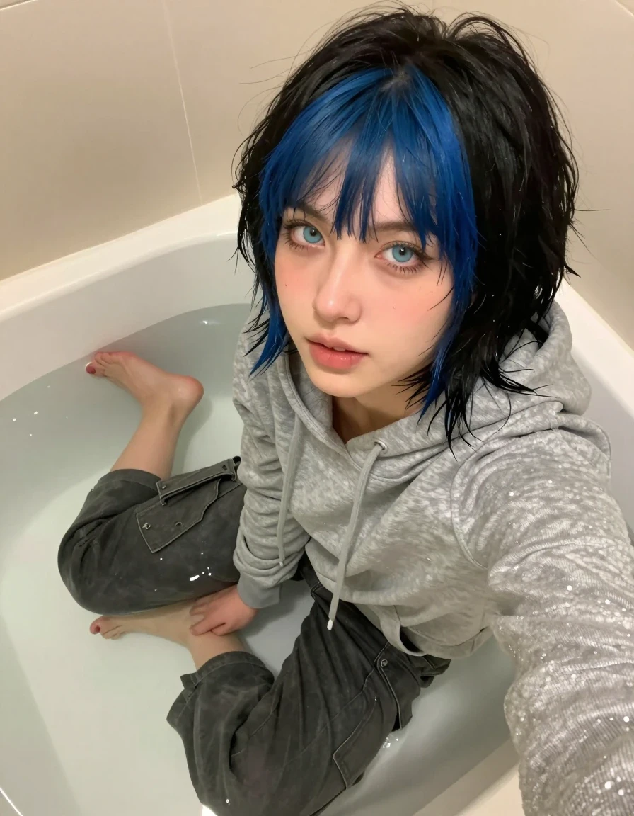 A high-quality, realistic selfie taken by a 21-year-old person with short, choppy jet-black hair and electric-blue bangs, sitting in a bathtub filled with water. The person is wearing a damp, thin, grey cotton hoodie and dark cargo pants, looking directly into the camera lens with a playful, teasing expression. The person is barefoot, with their legs slightly raised in the water. Soft, warm indoor lighting, slightly misty atmosphere, intimate and relaxed vibe. The person's sharp, angular features and icy light blue eyes are clearly visible.