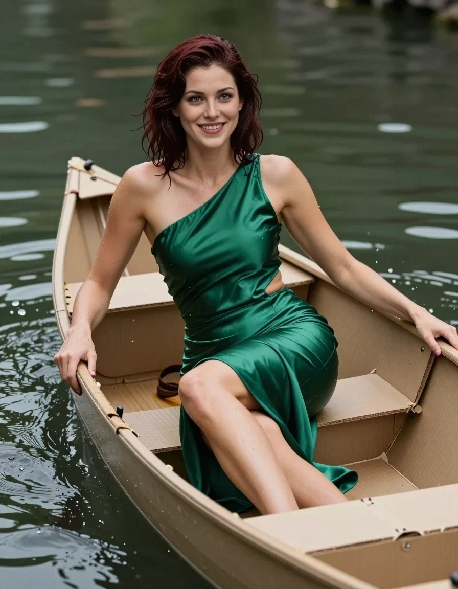 A realistic vertical fashion photograph of a 25-year-old woman with shoulder-length dark auburn hair, sitting in a collapsed, water-filled cardboard boat at the finish line. She is wearing a form-fitting, knee-length, one-shoulder emerald green satin dress with a side cutout. The dress is thoroughly soaked, heavy with water, and clinging to her skin. She is smiling warmly at the camera, leaning back slightly in the water-logged boat, with splashes and ripples visible in the surrounding water. Cinematic lighting, professional photography, high detail.