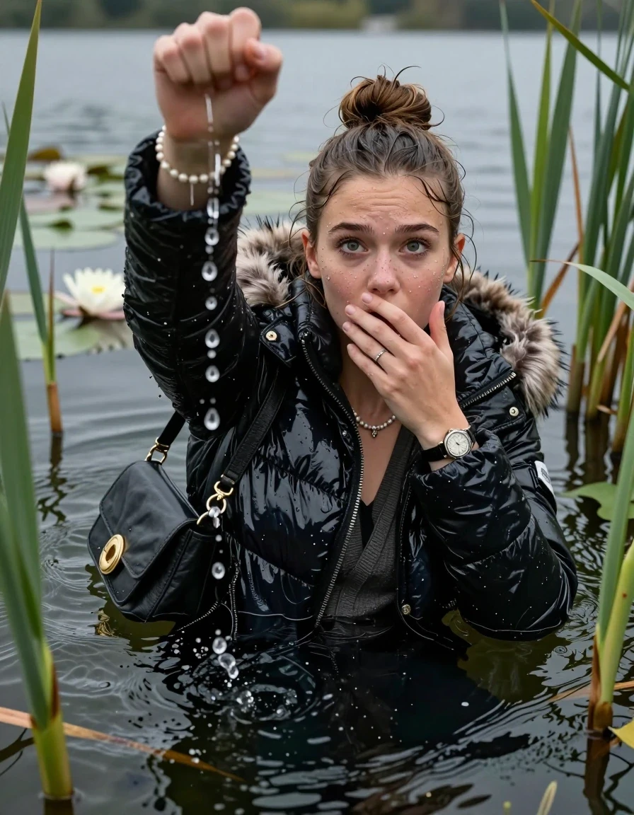 photo of young woman, in soaking wet, drenched clothes,
, black leatherleggings , Moncler shiny puffer down coat with fur, v-neck sweater, shoulderbag, pearl necklace, bracelet, wristwatch, Go back in the water after diving in a lake with water lilies and reeds, 
enjoying, wet clothes stuck to body,
detailed textures of the wet clothes, wet face, wet plastered hair,
wet, drenched, professional, high-quality details, full body view.
sharp focus, ultra-high pixel detail, realistic, high-quality, full colors, incredibly detailed, 4k, 8k, 16k, hyper-realistic, RAW photo, masterpiece, ultra-detailed, professionally color graded, professional photograph, Topknot

15 years old  teenage girl

Looking up, head in the neck, open mouth, big eyes. hold with a hand the viewer's hand, pulling them toward the center of the water.  The other hand covers her mouth. Whole body and shoulders are submerged under the surface. Looking up at camera. horny eyes.

she is completely underwater up to her neck,  sad but enjoying expression.

She hides in the reeds.

her submerged clothes are hardly vusible under water, she soaked her handbag into the water
she is completely underwater up to her neck, afraid and astonished expression. 

her clothing is soaking wet and clinging tightly to her skin, showing heavy wet folds, darkened fabric texture, and deep water-saturated Patches, her clothes are heavy from the water, water runs from her body and her clothes in streams. A lot of water also runs out of her clothes. Her clothes are darkened by the water. Her submerged clothes are good visible under the water.  she soaked her handbag into the water.

close up view, wet skin, wet clothes, wet hair, damp fabric, water runs down the clothes, wet skin, wet clothes, damp fabric. cinematic medium shot, hyper-realistic wetness, high-contrast water sheen, sharp focus, 16k resolution, professional photography, realistic water physics., wet skin, wet clothes, damp fabric, wet skin, wet clothes, damp fabric