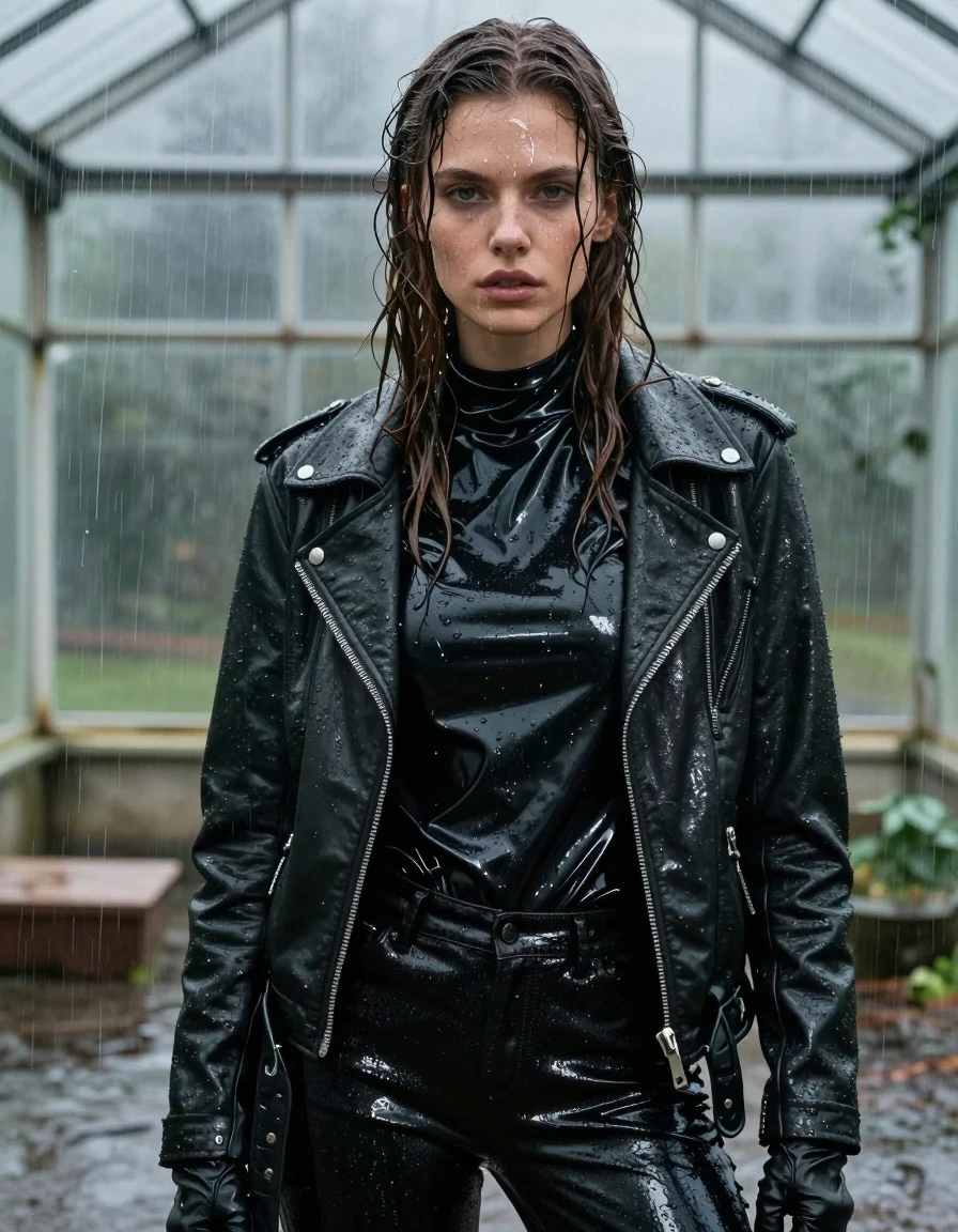 A photorealistic close-up portrait of a young adult European woman with long, dripping wet brown hair plastered against her face and shoulders. Her skin is glistening with heavy water sheen and rivulets of rain. She is wearing an oversized black vinyl polar neck shirt, a heavy black biker's leather jacket, and black leather gloves on both hands. Her legs are clad in black leather jeans that are visibly soaked, clinging to her skin with heavy folds and deep, glossy specular reflections on the wet leather surface. The subject is standing inside a greenhouse during a torrential downpour, with water leaking through the glass panes and drenching the entire scene. The lighting is moody and atmospheric, highlighting the textures of the damp fabric and wet skin. The shot is a detailed close-up capturing the weight of the water-saturated clothing, the glistening wet textures, and the intense rain environment. No nudity, clean anatomy, high-fidelity textures.