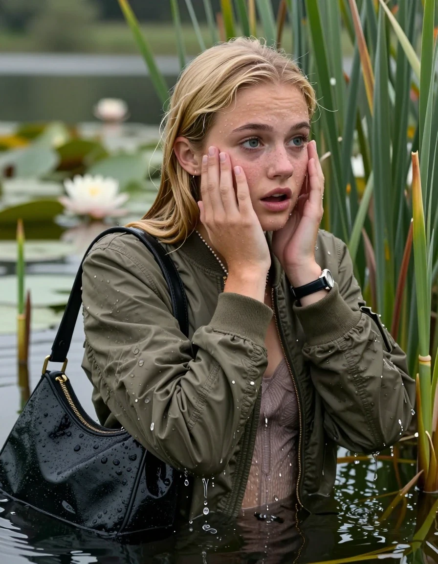 photo of young woman, in soaking wet, drenched clothes,
, , Bomber jacket, v-neck sweater, shoulderbag, pearl necklace, bracelet, wristwatch, Go back in the water after diving in a lake with water lilies and reeds, 
enjoying, wet clothes stuck to body,
detailed textures of the wet clothes, wet face, wet plastered hair,
wet, drenched, professional, high-quality details, full body view.
sharp focus, ultra-high pixel detail, realistic, high-quality, full colors, incredibly detailed, 4k, 8k, 16k, hyper-realistic, RAW photo, masterpiece, ultra-detailed, professionally color graded, professional photograph, Blonde sleek Long straight hair

15 years old  teenage girl

Looking slightly away, open mouth, big eyes. hands on her face. Whole body and shoulders are submerged under the surface. Looking up at camera. horny eyes.

she is completely underwater up to her neck,  sad but enjoying expression.

She hides in the reeds.

her submerged clothes are hardly vusible under water, she soaked her handbag into the water
she is completely underwater up to her neck, afraid and astonished expression. 

her clothing is soaking wet and clinging tightly to her skin, showing heavy wet folds, darkened fabric texture, and deep water-saturated Patches, her clothes are heavy from the water, water runs from her body and her clothes in streams. A lot of water also runs out of her clothes. Her clothes are darkened by the water. Her submerged clothes are good visible under the water.  she soaked her handbag into the water.

close up view, wet skin, wet clothes, wet hair, damp fabric, water runs down the clothes, wet skin, wet clothes, damp fabric. cinematic medium shot, hyper-realistic wetness, high-contrast water sheen, sharp focus, 16k resolution, professional photography, realistic water physics., wet skin, wet clothes, damp fabric, wet skin, wet clothes, damp fabric, wet skin, wet clothes, damp fabric