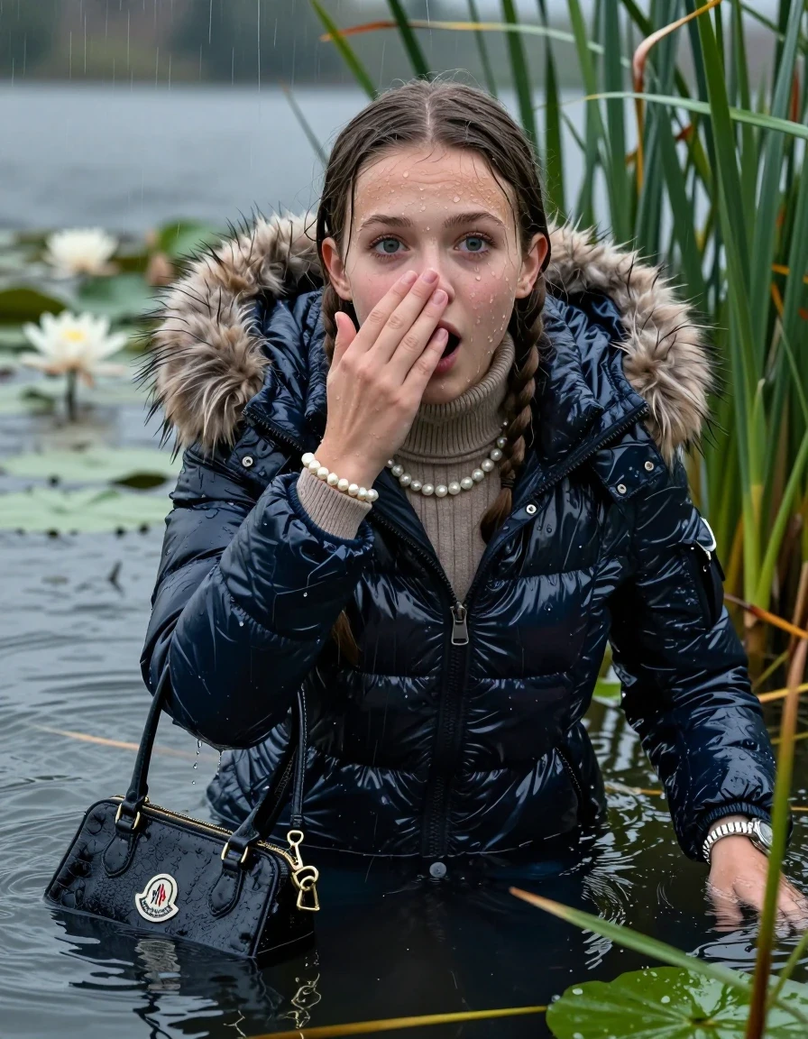 photo of young woman, in soaking wet, drenched clothes,
, , Moncler shiny puffer down coat with fur, tight turtleneck sweater with wide neckline belly free, handbag, pearl necklace, bracelet, wristwatch , Emerging after diving in a lake with water lilies and reeds, rain , 
enjoying, wet clothes stuck to body,
detailed textures of the wet clothes, wet face, wet plastered hair,
wet, drenched, professional, high-quality details, full body view.
sharp focus, ultra-high pixel detail, realistic, high-quality, full colors, incredibly detailed, 4k, 8k, 16k, hyper-realistic, RAW photo, masterpiece, ultra-detailed, professionally color graded, professional photograph, Pigtails

15 years old  teenage girl

Laying her breast on the surface.  Looking up at Camera . Hold her flat hand in front of her nose. Open mouth, big eyes. Water running down her face and neck and clothes.

she is completely underwater up to her neck, afraid and astonished expression. 

She hides in the reeds and is surprised by spectators

her submerged clothes are hardly visible under water, she soaked her handbag into the water

her clothing is soaking wet and clinging tightly to her skin, showing heavy wet folds, darkened fabric texture, and deep water-saturated Patches, her clothes are heavy from the water, water runs from her body and her clothes in streams. A lot of water also runs out of her clothes. Her clothes are darkened by the water. Her submerged clothes are good visible under the water.  she soaked her handbag into the water.

close up view, wet skin, wet clothes, wet hair, damp fabric, water runs down the clothes, wet skin, wet clothes, damp fabric. cinematic medium shot, hyper-realistic wetness, high-contrast water sheen, sharp focus, 16k resolution, professional photography, realistic water physics., wet skin, wet clothes, damp fabric, wet skin, wet clothes, damp fabric