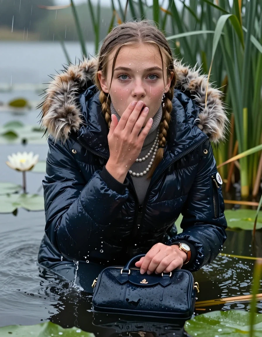 photo of young woman, in soaking wet, drenched clothes,
, , Moncler shiny puffer down coat with fur, tight turtleneck sweater with wide neckline belly free, handbag, pearl necklace, bracelet, wristwatch , Emerging after diving in a lake with water lilies and reeds, rain , 
enjoying, wet clothes stuck to body,
detailed textures of the wet clothes, wet face, wet plastered hair,
wet, drenched, professional, high-quality details, full body view.
sharp focus, ultra-high pixel detail, realistic, high-quality, full colors, incredibly detailed, 4k, 8k, 16k, hyper-realistic, RAW photo, masterpiece, ultra-detailed, professionally color graded, professional photograph, Blonde Pigtails

15 years old  teenage girl

Laying her breast on the surface.  Looking up at Camera . Hold her flat hand in front of her mouth. Water running down her face and neck and clothes.

she is completely underwater up to her neck, afraid and astonished expression but she giggles anyway. Folds the forehead. 

She hides in the reeds and is surprised by spectators

her submerged clothes are hardly visible under water, she soaked her handbag into the water

her clothing is soaking wet and clinging tightly to her skin, showing heavy wet folds, darkened fabric texture, and deep water-saturated Patches, her clothes are heavy from the water, water runs from her body and her clothes in streams. A lot of water also runs out of her clothes. Her clothes are darkened by the water. Her submerged clothes are good visible under the water.  she soaked her handbag into the water.

close up view, wet skin, wet clothes, wet hair, damp fabric, water runs down the clothes, wet skin, wet clothes, damp fabric. cinematic medium shot, hyper-realistic wetness, high-contrast water sheen, sharp focus, 16k resolution, professional photography, realistic water physics., wet skin, wet clothes, damp fabric, wet skin, wet clothes, damp fabric
