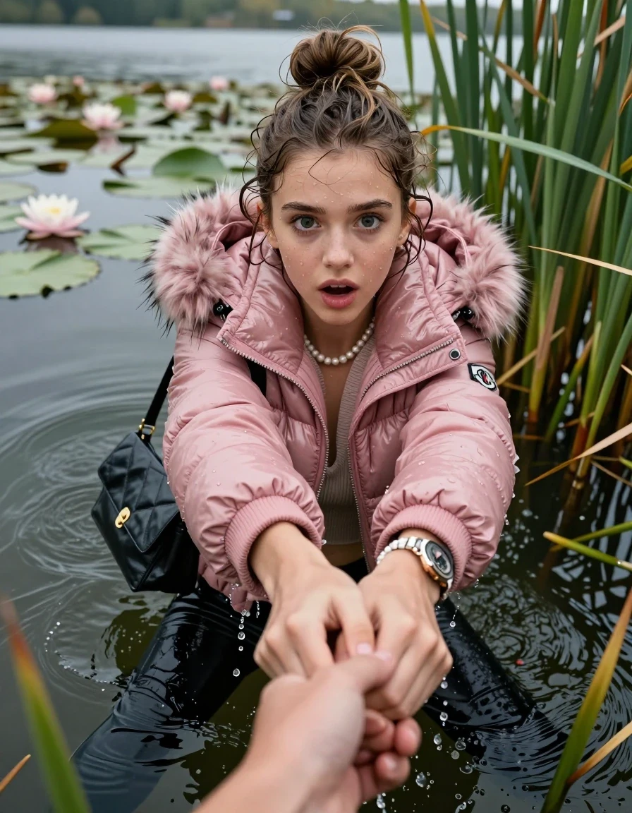 photo of young woman, in soaking wet, drenched clothes,
, black leatherleggings , Pink Moncler shiny puffer down coat with fur, v-neck sweater, shoulderbag, pearl necklace, bracelet, wristwatch, Go back deep into the water after diving in a lake with water lilies and reeds, 
enjoying, wet clothes stuck to body,
detailed textures of the wet clothes, wet face, wet plastered hair,
wet, drenched, professional, high-quality details, full body view.
sharp focus, ultra-high pixel detail, realistic, high-quality, full colors, incredibly detailed, 4k, 8k, 16k, hyper-realistic, RAW photo, masterpiece, ultra-detailed, professionally color graded, professional photograph, Topknot

15 years old  teenage girl

Looking up, head in the neck, open mouth, big eyes. hold with her hands the other the viewer's hand, pulling them toward the center of the water.  Whole body and shoulders are submerged under the surface. Looking up at camera. horny eyes.

she is completely underwater up to her neck,  afraid and sexuell astonished expression.

She hides in the reeds.

her submerged clothes are hardly vusible under water, she soaked her handbag into the water
she is completely underwater up to her neck, afraid and astonished expression. 

her clothing is soaking wet and clinging tightly to her skin, showing heavy wet folds, darkened fabric texture, and deep water-saturated Patches, her clothes are heavy from the water, water runs from her body and her clothes in streams. A lot of water also runs out of her clothes. Her clothes are darkened by the water. Her submerged clothes are good visible under the water.  she soaked her handbag into the water.

close up view, wet skin, wet clothes, wet hair, damp fabric, water runs down the clothes, wet skin, wet clothes, damp fabric. cinematic medium shot, hyper-realistic wetness, high-contrast water sheen, sharp focus, 16k resolution, professional photography, realistic water physics., wet skin, wet clothes, damp fabric, wet skin, wet clothes, damp fabric, wet skin, wet clothes, damp fabric
