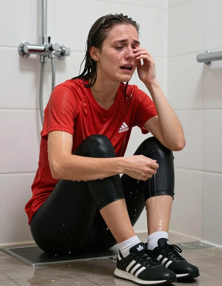 photo of young woman, in soaking wet, drenched clothes,
black adidas sneakers, white socks, black capri leggins, red adidas t shirt, shower, 
enjoying, wet clothes stuck to body,
detailed textures of the wet clothes, wet face, wet plastered hair,
wet, drenched, professional, high-quality details, full body view.
sharp focus, ultra-high pixel detail, realistic, high-quality, full colors, incredibly detailed, 4k, 8k, 16k, hyper-realistic, RAW photo, masterpiece, ultra-detailed, professionally color graded, professional photograph, siting in shower, crying, wet skin, wet clothes, damp fabric