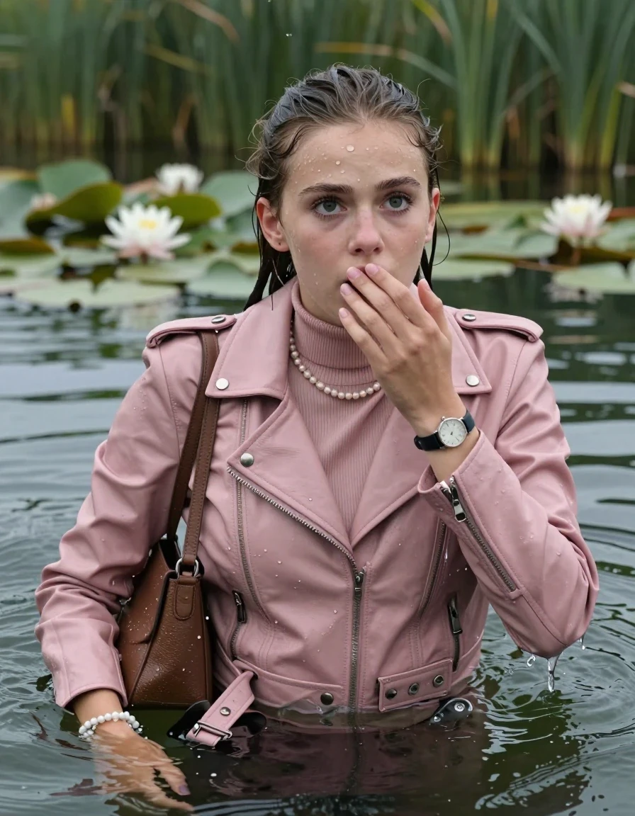 photo of young woman, in soaking wet, drenched clothes,
, , Light pink Biker leatherjacket, tight turtleneck sweater belly free, shoulderbag, pearl necklace, bracelet, wristwatch, Swimming and sinking deep into the water after diving in a lake with water lilies and reeds, 
enjoying, wet clothes stuck to body,
detailed textures of the wet clothes, wet face, wet plastered hair,
wet, drenched, professional, high-quality details, full body view.
sharp focus, ultra-high pixel detail, realistic, high-quality, full colors, incredibly detailed, 4k, 8k, 16k, hyper-realistic, RAW photo, masterpiece, ultra-detailed, professionally color graded, professional photograph, Sleek ponytail 

15 years old  teenage girl

Looking up at camera, Whole body and shoulders are submerged under the surface. horny eyes. One hand on her mouth.

she is completely underwater up to her neck,  afraid and astonished expression. 

Threatens to drown.  Swimming Movements with Her Arms.

her submerged clothes are hardly vusible under water, she soaked her handbag into the water
she is completely underwater up to her neck, afraid and astonished expression. 

her clothing is soaking wet and clinging tightly to her skin, showing heavy wet folds, darkened fabric texture, and deep water-saturated Patches, her clothes are heavy from the water, water runs from her body and her clothes in streams. A lot of water also runs out of her clothes. Her clothes are darkened by the water. Her submerged clothes are good visible under the water.  she soaked her handbag into the water.

close up view, wet skin, wet clothes, wet hair, damp fabric, water runs down the clothes, wet skin, wet clothes, damp fabric. cinematic medium shot, hyper-realistic wetness, high-contrast water sheen, sharp focus, 16k resolution, professional photography, realistic water physics., wet skin, wet clothes, damp fabric, wet skin, wet clothes, damp fabric, wet skin, wet clothes, damp fabric