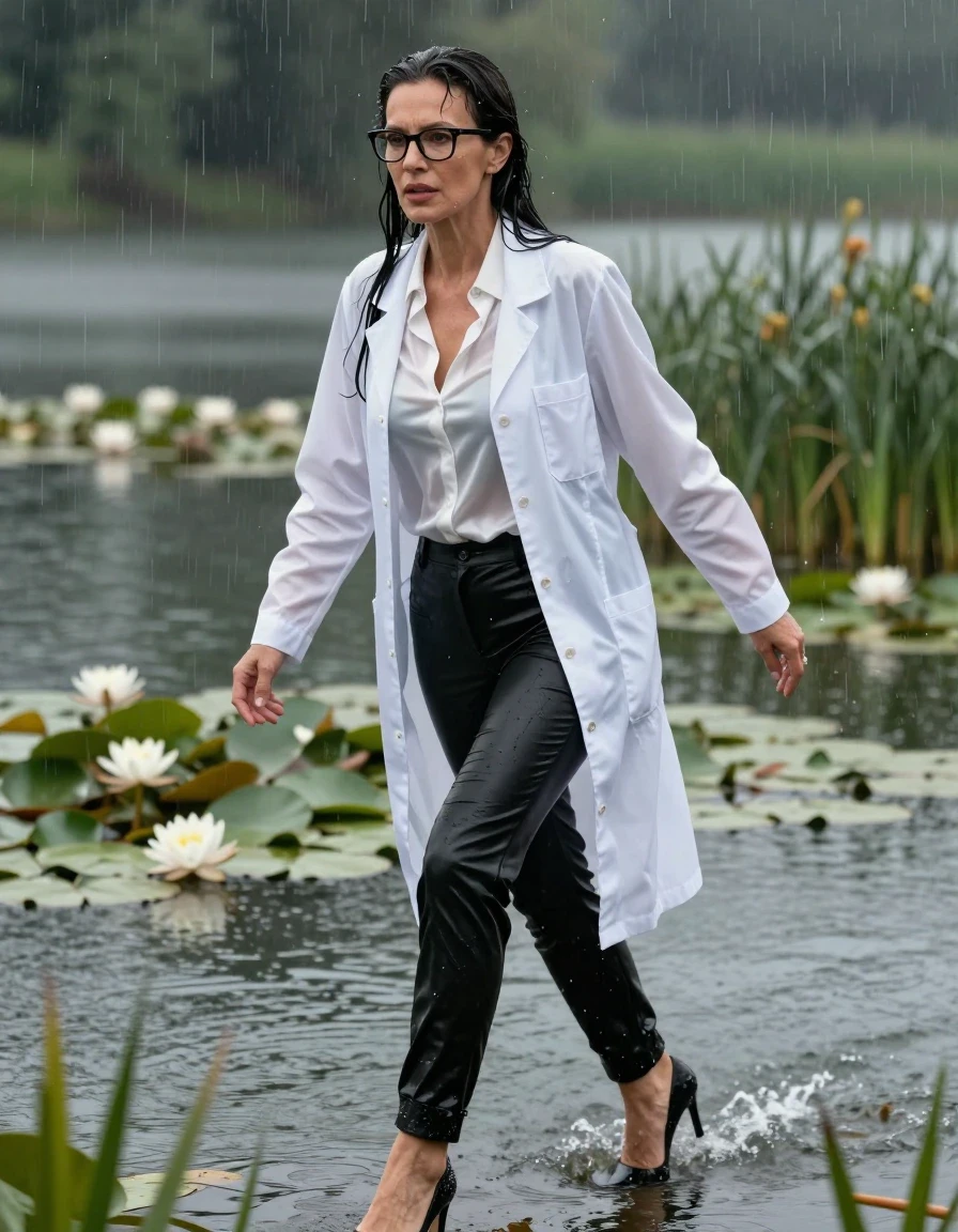 photo of young woman, in soaking wet, drenched clothes,
black shoes with high heels, long black leather trousers, white silk satin shirt, maxi white labcoat, Emerging after diving in a lake with water lilies and reeds, rain,, enjoying wet clothes stuck body, enjoying, wet clothes stuck to body, 
enjoying, wet clothes stuck to body,
detailed textures of the wet clothes, wet face, wet plastered hair,
wet, drenched, professional, high-quality details, full body view.
sharp focus, ultra-high pixel detail, realistic, high-quality, full colors, incredibly detailed, 4k, 8k, 16k, hyper-realistic, RAW photo, masterpiece, ultra-detailed, professionally color graded, professional photograph, europen brunette skinny woman 50 years old, long dark black hair, office glasses, very big and thick lips, complete body, wet skin, wet clothes, damp fabric, wet skin, wet clothes, damp fabric, wet skin, wet clothes, damp fabric, wet skin, wet clothes, damp fabric, wet skin, wet clothes, damp fabric, wet skin, wet clothes, damp fabric, wet skin, wet clothes, damp fabric