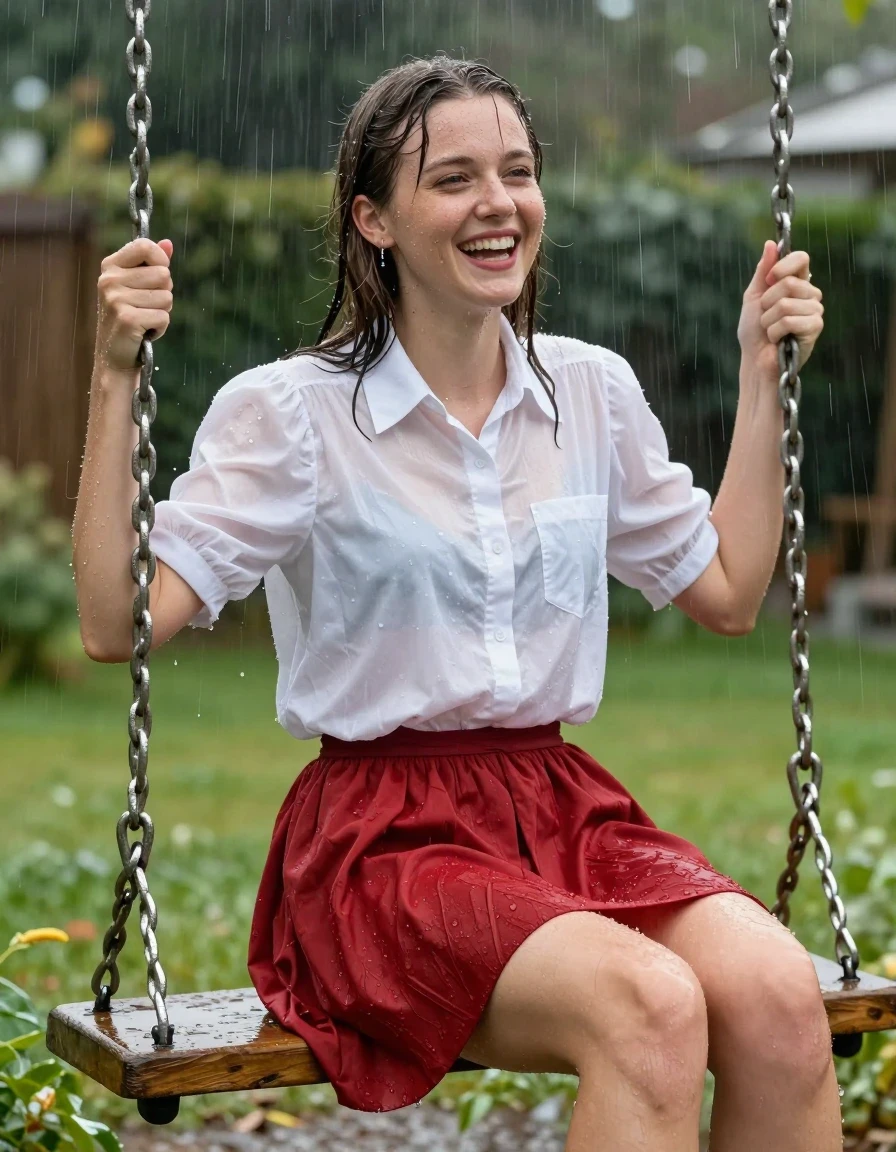 photo of young woman, in soaking wet, drenched clothes,
barfusses, roter kurzer Faltenrock aus Baumwolle, weißer Slip aus Seide., weisse Sommerbluse mit Puffärmeln, im Garten auf einer Schaukel, 
enjoying, wet clothes stuck to body,
detailed textures of the wet clothes, wet face, wet plastered hair,
wet, drenched, professional, high-quality details, full body view.
sharp focus, ultra-high pixel detail, realistic, high-quality, full colors, incredibly detailed, 4k, 8k, 16k, hyper-realistic, RAW photo, masterpiece, ultra-detailed, professionally color graded, professional photograph, Eine Schülerin sitzt voll bekleidet auf einer Schaukel im Regen, ihre Bekleidung ist völlig durchnässt und wirft Falten, sie hat ihre Beine weit gespreizt und an man sieht ihren weißen Slip aus Seide. Sie lacht fröhlich mit offenem Mund., wet skin, wet clothes, damp fabric
