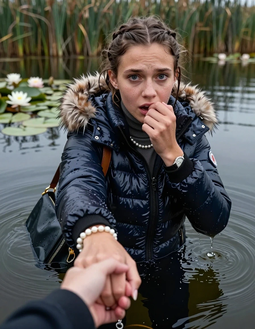 photo of young woman, in soaking wet, drenched clothes,
, , Moncler shiny puffer down jacket with fur, tight turtleneck sweater belly free, shoulderbag, pearl necklace, bracelet, wristwatch, Go back deep into the water after diving in a lake with water lilies and reeds, 
enjoying, wet clothes stuck to body,
detailed textures of the wet clothes, wet face, wet plastered hair,
wet, drenched, professional, high-quality details, full body view.
sharp focus, ultra-high pixel detail, realistic, high-quality, full colors, incredibly detailed, 4k, 8k, 16k, hyper-realistic, RAW photo, masterpiece, ultra-detailed, professionally color graded, professional photograph, Braided hair

15 years old  teenage girl

Looking up at camera, hold with a hand the other the viewer's hand, pulling them toward the center of the water. One hand on her mouth. Whole body and shoulders are submerged under the surface. Looking up at camera. horny eyes.

she is completely underwater up to her neck,  fearful and shocked expression. 

her submerged clothes are hardly vusible under water, she soaked her handbag into the water
she is completely underwater up to her neck, afraid and astonished expression. 

her clothing is soaking wet and clinging tightly to her skin, showing heavy wet folds, darkened fabric texture, and deep water-saturated Patches, her clothes are heavy from the water, water runs from her body and her clothes in streams. A lot of water also runs out of her clothes. Her clothes are darkened by the water. Her submerged clothes are good visible under the water.  she soaked her handbag into the water.

close up view, wet skin, wet clothes, wet hair, damp fabric, water runs down the clothes, wet skin, wet clothes, damp fabric. cinematic medium shot, hyper-realistic wetness, high-contrast water sheen, sharp focus, 16k resolution, professional photography, realistic water physics., wet skin, wet clothes, damp fabric, wet skin, wet clothes, damp fabric, wet skin, wet clothes, damp fabric
