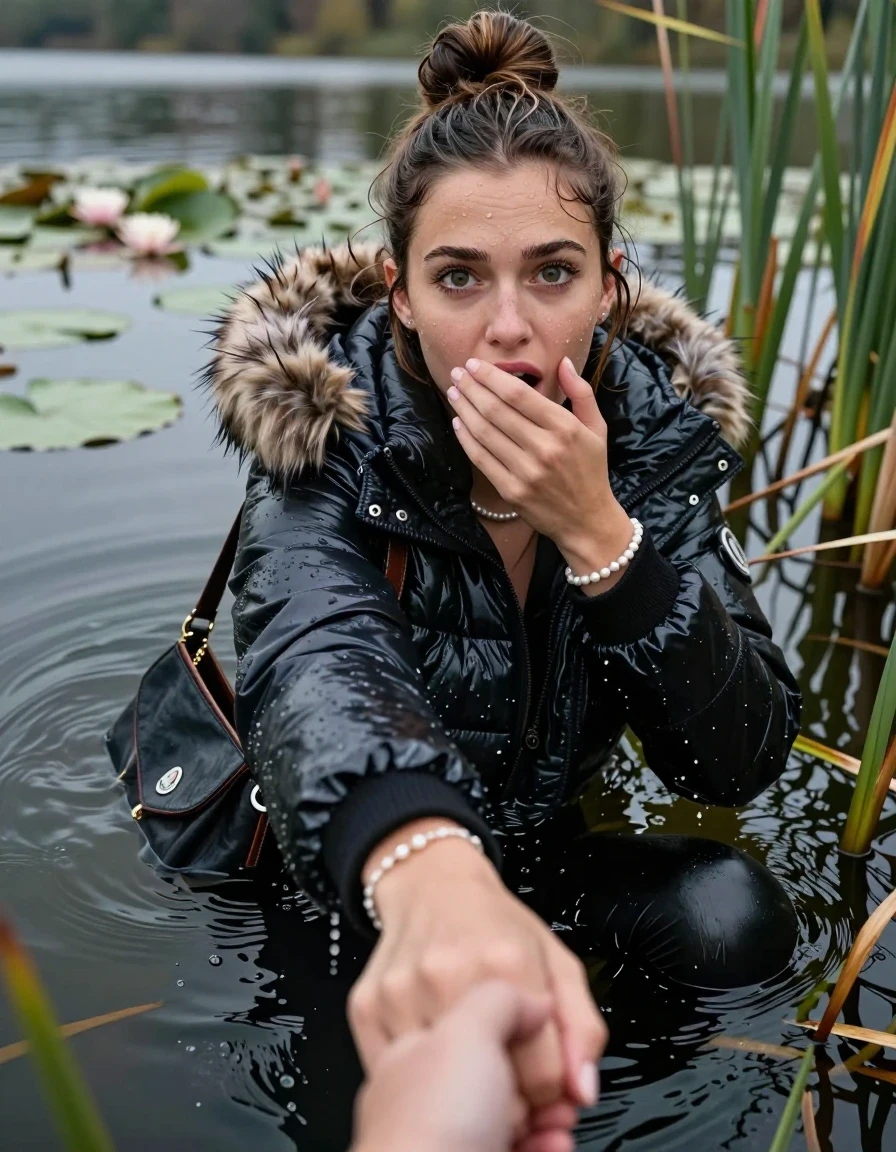 photo of young woman, in soaking wet, drenched clothes,
, black leatherleggings , Moncler shiny puffer down coat with fur, v-neck sweater, shoulderbag, pearl necklace, bracelet, wristwatch, Go back in the water after diving in a lake with water lilies and reeds, 
enjoying, wet clothes stuck to body,
detailed textures of the wet clothes, wet face, wet plastered hair,
wet, drenched, professional, high-quality details, full body view.
sharp focus, ultra-high pixel detail, realistic, high-quality, full colors, incredibly detailed, 4k, 8k, 16k, hyper-realistic, RAW photo, masterpiece, ultra-detailed, professionally color graded, professional photograph, Topknot

15 years old  teenage girl

Looking up, head in the neck, open mouth, big eyes. 0ne hand on her mouth, hold with the other the viewer's hand, pulling them toward the center of the water.  Whole body and shoulders are submerged under the surface. Looking up at camera. horny eyes.

she is completely underwater up to her neck,  afraid and sexuell astonished expression.

She hides in the reeds.

her submerged clothes are hardly vusible under water, she soaked her handbag into the water
she is completely underwater up to her neck, afraid and astonished expression. 

her clothing is soaking wet and clinging tightly to her skin, showing heavy wet folds, darkened fabric texture, and deep water-saturated Patches, her clothes are heavy from the water, water runs from her body and her clothes in streams. A lot of water also runs out of her clothes. Her clothes are darkened by the water. Her submerged clothes are good visible under the water.  she soaked her handbag into the water.

close up view, wet skin, wet clothes, wet hair, damp fabric, water runs down the clothes, wet skin, wet clothes, damp fabric. cinematic medium shot, hyper-realistic wetness, high-contrast water sheen, sharp focus, 16k resolution, professional photography, realistic water physics., wet skin, wet clothes, damp fabric, wet skin, wet clothes, damp fabric