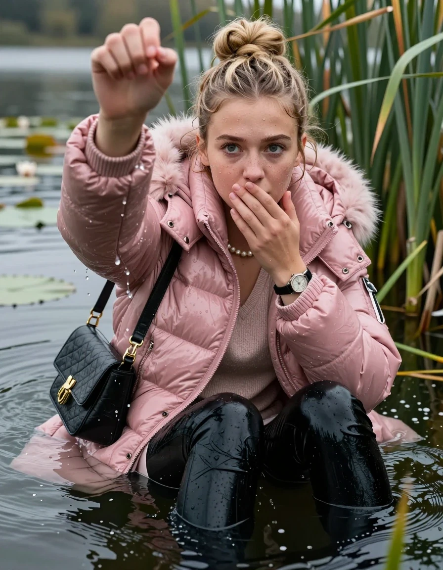 photo of young woman, in soaking wet, drenched clothes,
, black leatherleggings , Pink Moncler shiny puffer down coat with fur, v-neck sweater, shoulderbag, pearl necklace, bracelet, wristwatch, Go back in the water after diving in a lake with water lilies and reeds, 
enjoying, wet clothes stuck to body,
detailed textures of the wet clothes, wet face, wet plastered hair,
wet, drenched, professional, high-quality details, full body view.
sharp focus, ultra-high pixel detail, realistic, high-quality, full colors, incredibly detailed, 4k, 8k, 16k, hyper-realistic, RAW photo, masterpiece, ultra-detailed, professionally color graded, professional photograph, Blonde Topknot

15 years old  teenage girl

Looking slightly away, open mouth, big eyes. hold with a hand the viewer's hand, pulling them toward the center of the water.  The other hand covers her mouth. Whole body and shoulders are submerged under the surface. Looking up at camera. horny eyes.

she is completely underwater up to her neck,  sad but enjoying expression.

She hides in the reeds.

her submerged clothes are hardly vusible under water, she soaked her handbag into the water
she is completely underwater up to her neck, afraid and astonished expression. 

her clothing is soaking wet and clinging tightly to her skin, showing heavy wet folds, darkened fabric texture, and deep water-saturated Patches, her clothes are heavy from the water, water runs from her body and her clothes in streams. A lot of water also runs out of her clothes. Her clothes are darkened by the water. Her submerged clothes are good visible under the water.  she soaked her handbag into the water.

close up view, wet skin, wet clothes, wet hair, damp fabric, water runs down the clothes, wet skin, wet clothes, damp fabric. cinematic medium shot, hyper-realistic wetness, high-contrast water sheen, sharp focus, 16k resolution, professional photography, realistic water physics., wet skin, wet clothes, damp fabric, wet skin, wet clothes, damp fabric, wet skin, wet clothes, damp fabric