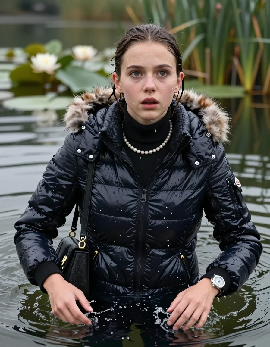 photo of young woman, in soaking wet, drenched clothes,
, , Moncler shiny puffer down jacket with fur, tight turtleneck sweater belly free, shoulderbag, pearl necklace, bracelet, wristwatch, Swimming and sinking deep into the water after diving in a lake with water lilies and reeds, 
enjoying, wet clothes stuck to body,
detailed textures of the wet clothes, wet face, wet plastered hair,
wet, drenched, professional, high-quality details, full body view.
sharp focus, ultra-high pixel detail, realistic, high-quality, full colors, incredibly detailed, 4k, 8k, 16k, hyper-realistic, RAW photo, masterpiece, ultra-detailed, professionally color graded, professional photograph, Sleek ponytail 

15 years old  teenage girl

Looking up at camera, Whole body and shoulders are submerged under the surface. horny eyes.

she is completely underwater up to her neck,  fearful and shocked expression. 

Leaning back. Hands up.

her submerged clothes are hardly vusible under water, she soaked her handbag into the water
she is completely underwater up to her neck, afraid and astonished expression. 

her clothing is soaking wet and clinging tightly to her skin, showing heavy wet folds, darkened fabric texture, and deep water-saturated Patches, her clothes are heavy from the water, water runs from her body and her clothes in streams. A lot of water also runs out of her clothes. Her clothes are darkened by the water. Her submerged clothes are good visible under the water.  she soaked her handbag into the water.

close up view, wet skin, wet clothes, wet hair, damp fabric, water runs down the clothes, wet skin, wet clothes, damp fabric. cinematic medium shot, hyper-realistic wetness, high-contrast water sheen, sharp focus, 16k resolution, professional photography, realistic water physics., wet skin, wet clothes, damp fabric, wet skin, wet clothes, damp fabric, wet skin, wet clothes, damp fabric