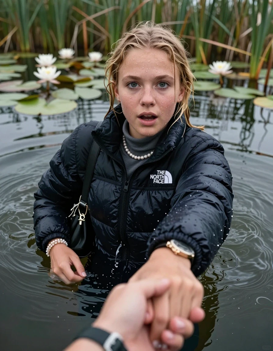 photo of young woman, in soaking wet, drenched clothes,
, , North face puffer down jacket, tight turtleneck sweater belly free, shoulderbag, pearl necklace, bracelet, wristwatch, Go back deep into the water after diving in a lake with water lilies and reeds, 
enjoying, wet clothes stuck to body,
detailed textures of the wet clothes, wet face, wet plastered hair,
wet, drenched, professional, high-quality details, full body view.
sharp focus, ultra-high pixel detail, realistic, high-quality, full colors, incredibly detailed, 4k, 8k, 16k, hyper-realistic, RAW photo, masterpiece, ultra-detailed, professionally color graded, professional photograph, Blonde Pigtails

15 years old  teenage girl

Looking up at camera, open mouth, big eyes. hold with a hand the other the viewer's hand, pulling them toward the center of the water. One hand in front of her face. Whole body and shoulders are submerged under the surface. Looking up at camera. horny eyes.

she is completely underwater up to her neck,  afraid and astonished expression. Slightly smile.

her submerged clothes are hardly vusible under water, she soaked her handbag into the water
she is completely underwater up to her neck, afraid and astonished expression. 

her clothing is soaking wet and clinging tightly to her skin, showing heavy wet folds, darkened fabric texture, and deep water-saturated Patches, her clothes are heavy from the water, water runs from her body and her clothes in streams. A lot of water also runs out of her clothes. Her clothes are darkened by the water. Her submerged clothes are good visible under the water.  she soaked her handbag into the water.

close up view, wet skin, wet clothes, wet hair, damp fabric, water runs down the clothes, wet skin, wet clothes, damp fabric. cinematic medium shot, hyper-realistic wetness, high-contrast water sheen, sharp focus, 16k resolution, professional photography, realistic water physics., wet skin, wet clothes, damp fabric, wet skin, wet clothes, damp fabric, wet skin, wet clothes, damp fabric