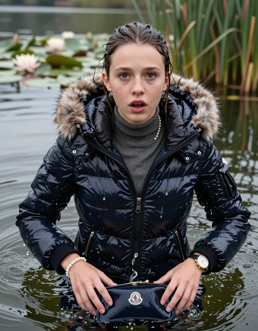 photo of young woman, in soaking wet, drenched clothes,
, , Moncler shiny puffer down jacket with fur, tight turtleneck sweater belly free, shoulderbag, pearl necklace, bracelet, wristwatch, Swimming deep into the water after diving in a lake with water lilies and reeds, 
enjoying, wet clothes stuck to body,
detailed textures of the wet clothes, wet face, wet plastered hair,
wet, drenched, professional, high-quality details, full body view.
sharp focus, ultra-high pixel detail, realistic, high-quality, full colors, incredibly detailed, 4k, 8k, 16k, hyper-realistic, RAW photo, masterpiece, ultra-detailed, professionally color graded, professional photograph, Sleek ponytail 

15 years old  teenage girl

Looking up at camera, Whole body and shoulders are submerged under the surface. horny eyes.

she is completely underwater up to her neck,  fearful and shocked expression. 

her submerged clothes are hardly vusible under water, she soaked her handbag into the water
she is completely underwater up to her neck, afraid and astonished expression. 

her clothing is soaking wet and clinging tightly to her skin, showing heavy wet folds, darkened fabric texture, and deep water-saturated Patches, her clothes are heavy from the water, water runs from her body and her clothes in streams. A lot of water also runs out of her clothes. Her clothes are darkened by the water. Her submerged clothes are good visible under the water.  she soaked her handbag into the water.

close up view, wet skin, wet clothes, wet hair, damp fabric, water runs down the clothes, wet skin, wet clothes, damp fabric. cinematic medium shot, hyper-realistic wetness, high-contrast water sheen, sharp focus, 16k resolution, professional photography, realistic water physics., wet skin, wet clothes, damp fabric, wet skin, wet clothes, damp fabric, wet skin, wet clothes, damp fabric