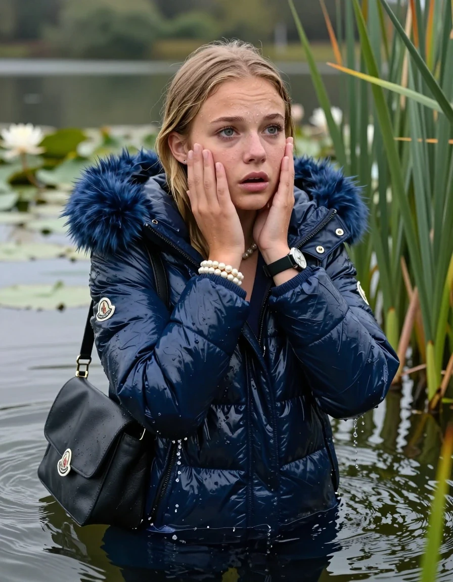 photo of young woman, in soaking wet, drenched clothes,
, , Blue Moncler shiny puffer down coat with fur, v-neck sweater, shoulderbag, pearl necklace, bracelet, wristwatch, Go back in the water after diving in a lake with water lilies and reeds, 
enjoying, wet clothes stuck to body,
detailed textures of the wet clothes, wet face, wet plastered hair,
wet, drenched, professional, high-quality details, full body view.
sharp focus, ultra-high pixel detail, realistic, high-quality, full colors, incredibly detailed, 4k, 8k, 16k, hyper-realistic, RAW photo, masterpiece, ultra-detailed, professionally color graded, professional photograph, Blonde sleek Long straight hair

15 years old  teenage girl

Looking slightly away, open mouth, big eyes. hands on her face. Whole body and shoulders are submerged under the surface. Looking up at camera. horny eyes.

she is completely underwater up to her neck,  sad but enjoying expression.

She hides in the reeds.

her submerged clothes are hardly vusible under water, she soaked her handbag into the water
she is completely underwater up to her neck, afraid and astonished expression. 

her clothing is soaking wet and clinging tightly to her skin, showing heavy wet folds, darkened fabric texture, and deep water-saturated Patches, her clothes are heavy from the water, water runs from her body and her clothes in streams. A lot of water also runs out of her clothes. Her clothes are darkened by the water. Her submerged clothes are good visible under the water.  she soaked her handbag into the water.

close up view, wet skin, wet clothes, wet hair, damp fabric, water runs down the clothes, wet skin, wet clothes, damp fabric. cinematic medium shot, hyper-realistic wetness, high-contrast water sheen, sharp focus, 16k resolution, professional photography, realistic water physics., wet skin, wet clothes, damp fabric, wet skin, wet clothes, damp fabric, wet skin, wet clothes, damp fabric