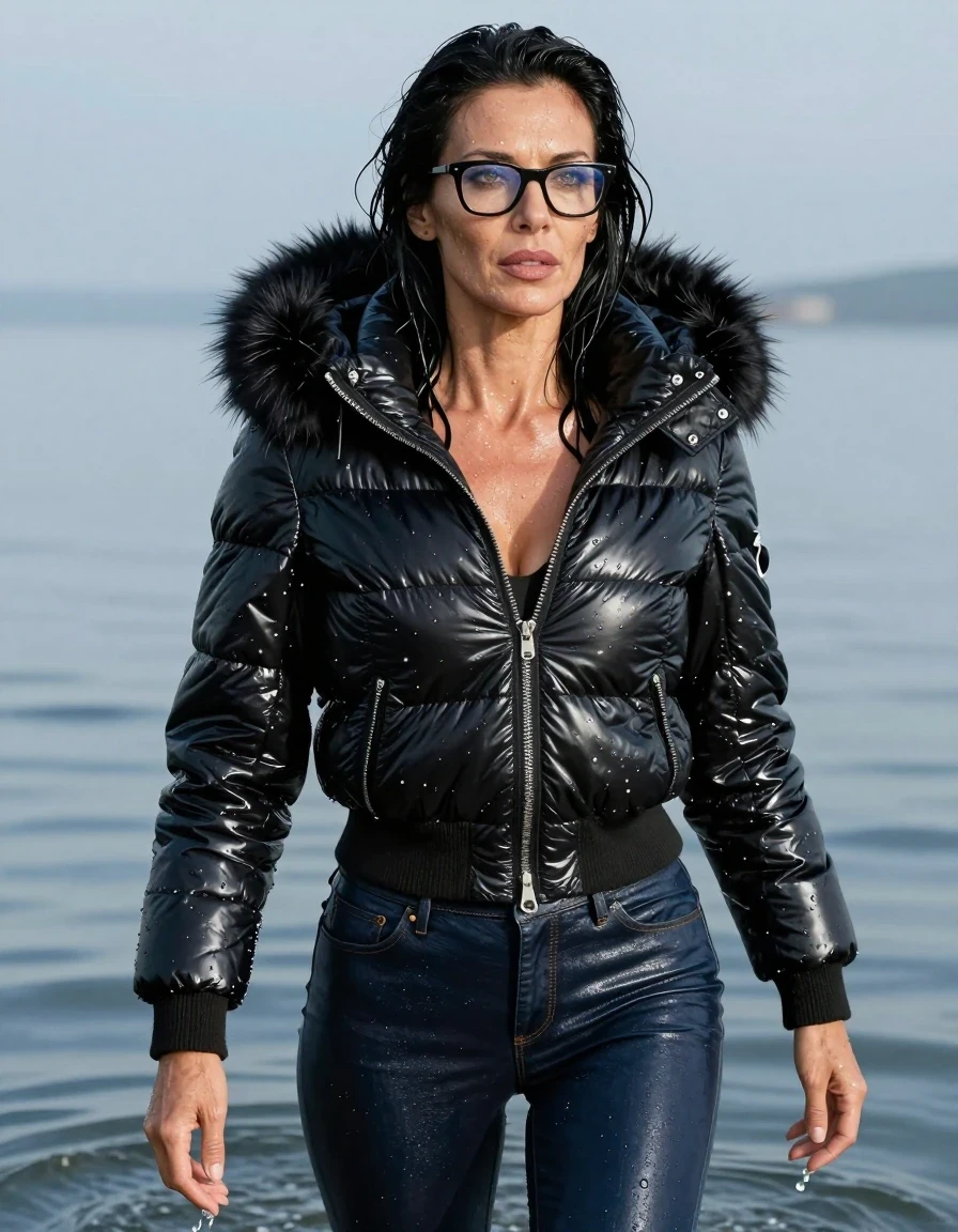 photo of young woman, in soaking wet, drenched clothes,
, long dark blue leather jeans, black Moncler Shiny puffer down jacket with fur, swimming under water, enjoying wet clothes stuck body, enjoying, wet clothes stuck to body, 
enjoying, wet clothes stuck to body,
detailed textures of the wet clothes, wet face, wet plastered hair,
wet, drenched, professional, high-quality details, full body view.
sharp focus, ultra-high pixel detail, realistic, high-quality, full colors, incredibly detailed, 4k, 8k, 16k, hyper-realistic, RAW photo, masterpiece, ultra-detailed, professionally color graded, professional photograph, europen brunette skinny woman 50 years old, long dark black hair, office glasses, very big and thick lips, complete body, wet skin, wet clothes, damp fabric, wet skin, wet clothes, damp fabric, wet skin, wet clothes, damp fabric, wet skin, wet clothes, damp fabric, wet skin, wet clothes, damp fabric, wet skin, wet clothes, damp fabric, wet skin, wet clothes, damp fabric