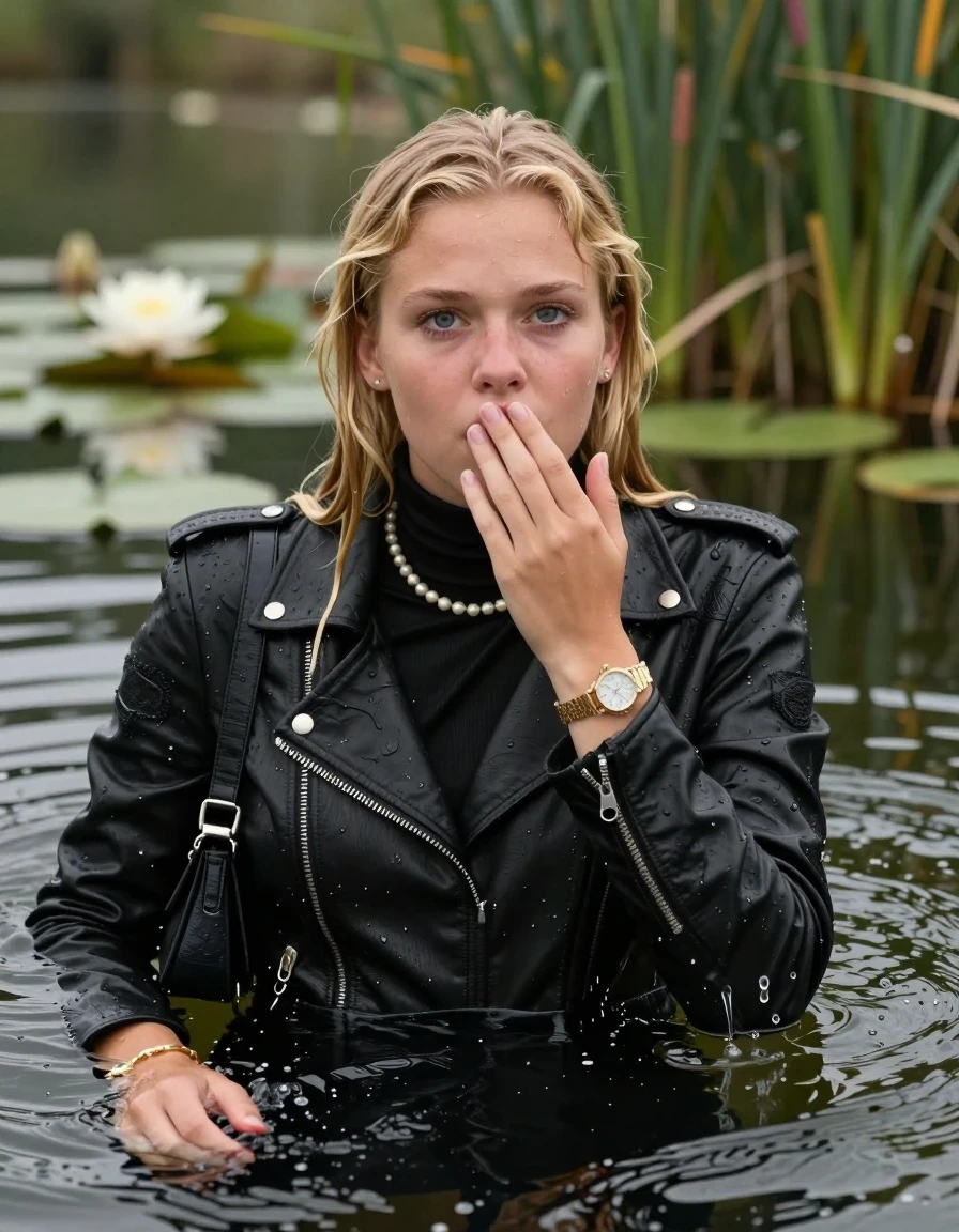 photo of young woman, in soaking wet, drenched clothes,
, , Black Biker leatherjacket, tight turtleneck sweater belly free, shoulderbag, pearl necklace, bracelet, wristwatch, drowning deep into the water after diving in a lake with water lilies and reeds, 
enjoying, wet clothes stuck to body,
detailed textures of the wet clothes, wet face, wet plastered hair,
wet, drenched, professional, high-quality details, full body view.
sharp focus, ultra-high pixel detail, realistic, high-quality, full colors, incredibly detailed, 4k, 8k, 16k, hyper-realistic, RAW photo, masterpiece, ultra-detailed, professionally color graded, professional photograph, Blonde Sleek long straight hair

15 years old  teenage girl

Looking up at camera, Whole body and shoulders are submerged under the surface. horny eyes. One hand on her mouth.

she is completely underwater up to her neck,  afraid and astonished expression. 

Threatens to drown.  Swimming Movements with Her Arms.

her submerged clothes are hardly vusible under water, she soaked her handbag into the water
she is completely underwater up to her neck, afraid and astonished expression. 

her clothing is soaking wet and clinging tightly to her skin, showing heavy wet folds, darkened fabric texture, and deep water-saturated Patches, her clothes are heavy from the water, water runs from her body and her clothes in streams. A lot of water also runs out of her clothes. Her clothes are darkened by the water. Her submerged clothes are good visible under the water.  she soaked her handbag into the water.

close up view, wet skin, wet clothes, wet hair, damp fabric, water runs down the clothes, wet skin, wet clothes, damp fabric. cinematic medium shot, hyper-realistic wetness, high-contrast water sheen, sharp focus, 16k resolution, professional photography, realistic water physics., wet skin, wet clothes, damp fabric, wet skin, wet clothes, damp fabric, wet skin, wet clothes, damp fabric
