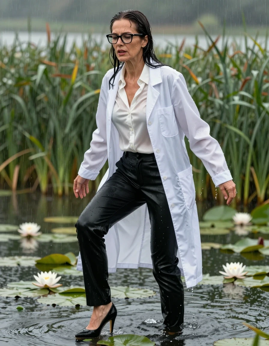 photo of young woman, in soaking wet, drenched clothes,
black shoes with high heels, long black leather trousers, white silk satin shirt, maxi white labcoat, Emerging submerged after diving in a lake with water lilies and reeds, rain,, enjoying wet clothes stuck body, enjoying, wet clothes stuck to body, 
enjoying, wet clothes stuck to body,
detailed textures of the wet clothes, wet face, wet plastered hair,
wet, drenched, professional, high-quality details, full body view.
sharp focus, ultra-high pixel detail, realistic, high-quality, full colors, incredibly detailed, 4k, 8k, 16k, hyper-realistic, RAW photo, masterpiece, ultra-detailed, professionally color graded, professional photograph, europen brunette skinny woman 50 years old, long dark black hair, office glasses, very big and thick lips, complete body, wet skin, wet clothes, damp fabric, wet skin, wet clothes, damp fabric, wet skin, wet clothes, damp fabric, wet skin, wet clothes, damp fabric, wet skin, wet clothes, damp fabric, wet skin, wet clothes, damp fabric, wet skin, wet clothes, damp fabric