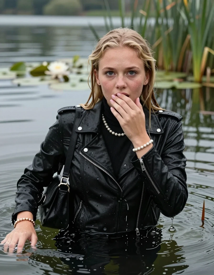 photo of young woman, in soaking wet, drenched clothes,
, , Black Biker leatherjacket, tight turtleneck sweater belly free, shoulderbag, pearl necklace, bracelet, wristwatch, drowning deep into the water after diving in a lake with water lilies and reeds, 
enjoying, wet clothes stuck to body,
detailed textures of the wet clothes, wet face, wet plastered hair,
wet, drenched, professional, high-quality details, full body view.
sharp focus, ultra-high pixel detail, realistic, high-quality, full colors, incredibly detailed, 4k, 8k, 16k, hyper-realistic, RAW photo, masterpiece, ultra-detailed, professionally color graded, professional photograph, Blonde Sleek long straight hair

15 years old  teenage girl

Looking up at camera, Whole body and shoulders are submerged under the surface. horny eyes. One hand on her mouth.

she is completely underwater up to her neck,  afraid and astonished expression. Slightly smile. 

Threatens to drown.  Swimming Movements with Her Arms.

her submerged clothes are hardly vusible under water, she soaked her handbag into the water
she is completely underwater up to her neck, afraid and astonished expression. 

her clothing is soaking wet and clinging tightly to her skin, showing heavy wet folds, darkened fabric texture, and deep water-saturated Patches, her clothes are heavy from the water, water runs from her body and her clothes in streams. A lot of water also runs out of her clothes. Her clothes are darkened by the water. Her submerged clothes are good visible under the water.  she soaked her handbag into the water.

close up view, wet skin, wet clothes, wet hair, damp fabric, water runs down the clothes, wet skin, wet clothes, damp fabric. cinematic medium shot, hyper-realistic wetness, high-contrast water sheen, sharp focus, 16k resolution, professional photography, realistic water physics., wet skin, wet clothes, damp fabric, wet skin, wet clothes, damp fabric, wet skin, wet clothes, damp fabric