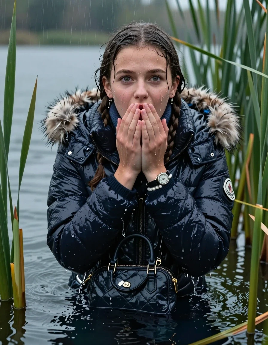 photo of young woman, in soaking wet, drenched clothes,
, , Moncler shiny puffer down coat with fur, tight turtleneck sweater with wide neckline belly free, handbag, pearl necklace, bracelet, wristwatch , Emerging after diving in a lake with water lilies and reeds, rain , 
enjoying, wet clothes stuck to body,
detailed textures of the wet clothes, wet face, wet plastered hair,
wet, drenched, professional, high-quality details, full body view.
sharp focus, ultra-high pixel detail, realistic, high-quality, full colors, incredibly detailed, 4k, 8k, 16k, hyper-realistic, RAW photo, masterpiece, ultra-detailed, professionally color graded, professional photograph, Pigtails

15 years old  teenage girl

Laying her breast on the surface.  Looking at Camera . Hold her hands on her mouth.Open mouth, big eyes. Water running down her face and neck and clothes.

she is completely underwater up to her neck, afraid and astonished expression. 

She hides in the reeds and is surprised by spectators

her submerged clothes are hardly visible under water, she soaked her handbag into the water

her clothing is soaking wet and clinging tightly to her skin, showing heavy wet folds, darkened fabric texture, and deep water-saturated Patches, her clothes are heavy from the water, water runs from her body and her clothes in streams. A lot of water also runs out of her clothes. Her clothes are darkened by the water. Her submerged clothes are good visible under the water.  she soaked her handbag into the water.

close up view, wet skin, wet clothes, wet hair, damp fabric, water runs down the clothes, wet skin, wet clothes, damp fabric. cinematic medium shot, hyper-realistic wetness, high-contrast water sheen, sharp focus, 16k resolution, professional photography, realistic water physics., wet skin, wet clothes, damp fabric, wet skin, wet clothes, damp fabric