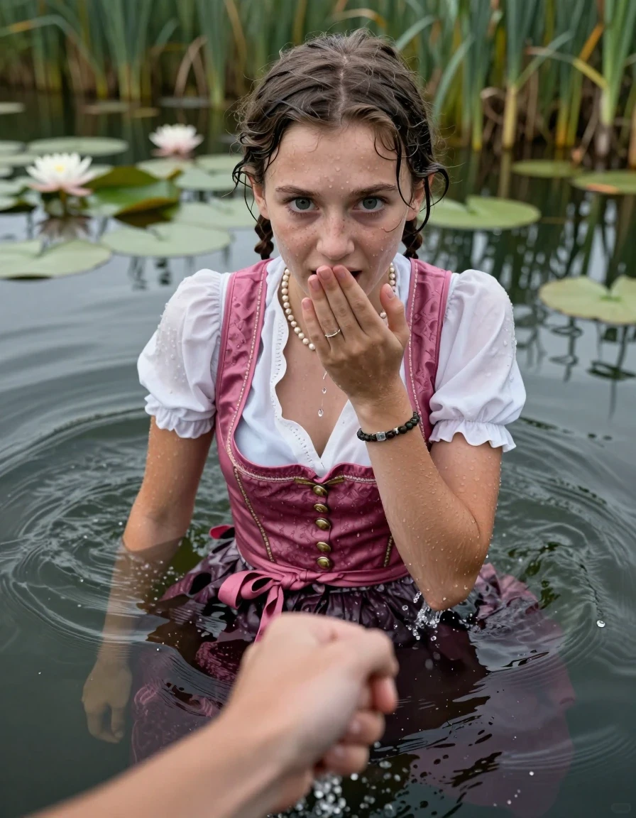 photo of young woman, in soaking wet, drenched clothes,
, , Short pink and white Dirndl, shoulderbag, pearl necklace, bracelet, wristwatch, Go back deep into the water after diving in a lake with water lilies and reeds, 
enjoying, wet clothes stuck to body,
detailed textures of the wet clothes, wet face, wet plastered hair,
wet, drenched, professional, high-quality details, full body view.
sharp focus, ultra-high pixel detail, realistic, high-quality, full colors, incredibly detailed, 4k, 8k, 16k, hyper-realistic, RAW photo, masterpiece, ultra-detailed, professionally color graded, professional photograph, Pigtails

15 years old  teenage girl

Looking down, open mouth, big eyes. hold with a hand the other the viewer's hand, pulling them toward the center of the water. One hand on her mouth. Whole body and shoulders are submerged under the surface. Looking up at camera. horny eyes.

she is completely underwater up to her neck,  afraid and astonished expression.

her submerged clothes are hardly vusible under water, she soaked her handbag into the water
she is completely underwater up to her neck, afraid and astonished expression. 

her clothing is soaking wet and clinging tightly to her skin, showing heavy wet folds, darkened fabric texture, and deep water-saturated Patches, her clothes are heavy from the water, water runs from her body and her clothes in streams. A lot of water also runs out of her clothes. Her clothes are darkened by the water. Her submerged clothes are good visible under the water.  she soaked her handbag into the water.

close up view, wet skin, wet clothes, wet hair, damp fabric, water runs down the clothes, wet skin, wet clothes, damp fabric. cinematic medium shot, hyper-realistic wetness, high-contrast water sheen, sharp focus, 16k resolution, professional photography, realistic water physics., wet skin, wet clothes, damp fabric, wet skin, wet clothes, damp fabric, wet skin, wet clothes, damp fabric