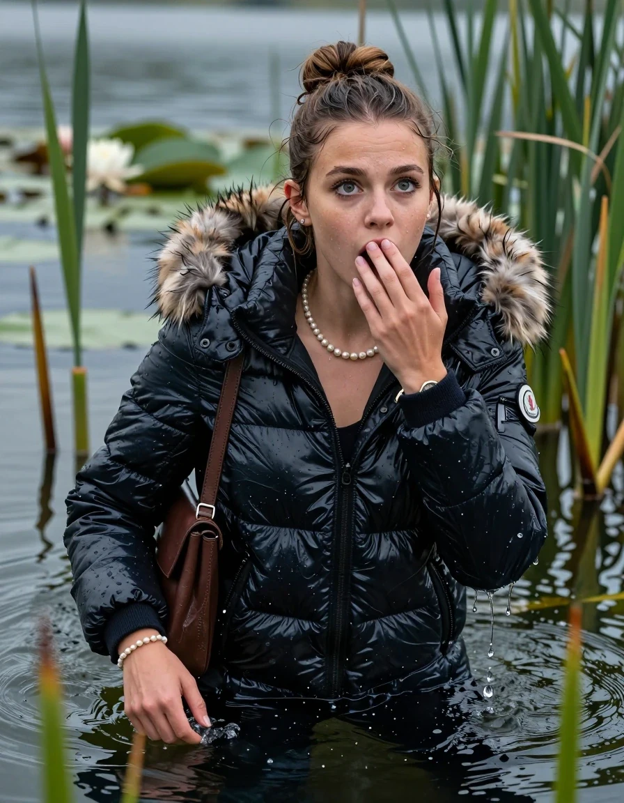 photo of young woman, in soaking wet, drenched clothes,
, black leatherleggings , Moncler shiny puffer down coat with fur, v-neck sweater, shoulderbag, pearl necklace, bracelet, wristwatch, Go back in the water after diving in a lake with water lilies and reeds, 
enjoying, wet clothes stuck to body,
detailed textures of the wet clothes, wet face, wet plastered hair,
wet, drenched, professional, high-quality details, full body view.
sharp focus, ultra-high pixel detail, realistic, high-quality, full colors, incredibly detailed, 4k, 8k, 16k, hyper-realistic, RAW photo, masterpiece, ultra-detailed, professionally color graded, professional photograph, Topknot

15 years old  teenage girl

Looking up, head in the neck, open mouth, big eyes. 0ne hand on her mouth, hold with the other the viewer's hand, pulling them toward the center of the water.  Whole body and shoulders are submerged under the surface. Looking up at camera. horny eyes.

she is completely underwater up to her neck,  afraid and sexuell astonished expression.

She hides in the reeds.

her submerged clothes are hardly vusible under water, she soaked her handbag into the water
she is completely underwater up to her neck, afraid and astonished expression. 

her clothing is soaking wet and clinging tightly to her skin, showing heavy wet folds, darkened fabric texture, and deep water-saturated Patches, her clothes are heavy from the water, water runs from her body and her clothes in streams. A lot of water also runs out of her clothes. Her clothes are darkened by the water. Her submerged clothes are good visible under the water.  she soaked her handbag into the water.

close up view, wet skin, wet clothes, wet hair, damp fabric, water runs down the clothes, wet skin, wet clothes, damp fabric. cinematic medium shot, hyper-realistic wetness, high-contrast water sheen, sharp focus, 16k resolution, professional photography, realistic water physics., wet skin, wet clothes, damp fabric, wet skin, wet clothes, damp fabric