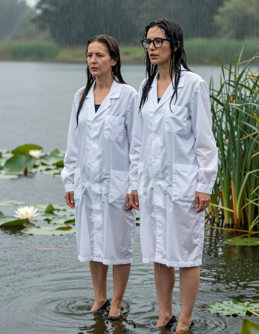 photo of young woman, in soaking wet, drenched clothes,
black shoes with high heels, maxi white labcoat, maxi white labcoat, Emerging submerged after diving in a lake with water lilies and reeds, rain,, enjoying wet clothes stuck body, enjoying, wet clothes stuck to body, 
enjoying, wet clothes stuck to body,
detailed textures of the wet clothes, wet face, wet plastered hair,
wet, drenched, professional, high-quality details, full body view.
sharp focus, ultra-high pixel detail, realistic, high-quality, full colors, incredibly detailed, 4k, 8k, 16k, hyper-realistic, RAW photo, masterpiece, ultra-detailed, professionally color graded, professional photograph, two europen brunette skinny women 50 years old, long dark black hair, office glasses, very big and thick lips, complete body, wet skin, wet clothes, damp fabric, wet skin, wet clothes, damp fabric, wet skin, wet clothes, damp fabric, wet skin, wet clothes, damp fabric, wet skin, wet clothes, damp fabric, wet skin, wet clothes, damp fabric, wet skin, wet clothes, damp fabric