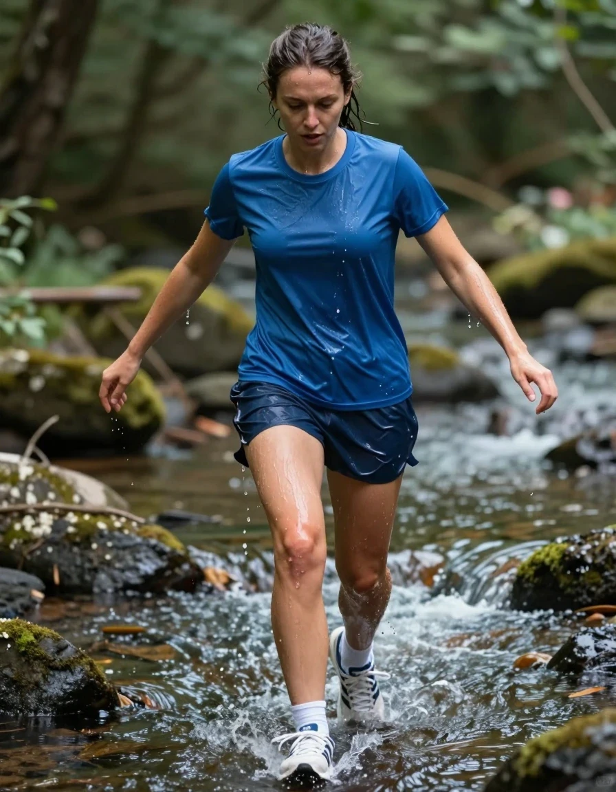 photo of young woman, in soaking wet, drenched clothes,
 adidas sneakers, white socks, skirt, blue t shirt, stream, 
enjoying, wet clothes stuck to body,
detailed textures of the wet clothes, wet face, wet plastered hair,
wet, drenched, professional, high-quality details, full body view.
sharp focus, ultra-high pixel detail, realistic, high-quality, full colors, incredibly detailed, 4k, 8k, 16k, hyper-realistic, RAW photo, masterpiece, ultra-detailed, professionally color graded, professional photograph, running cross a stream, water level is over knees, wet skin, wet clothes, damp fabric