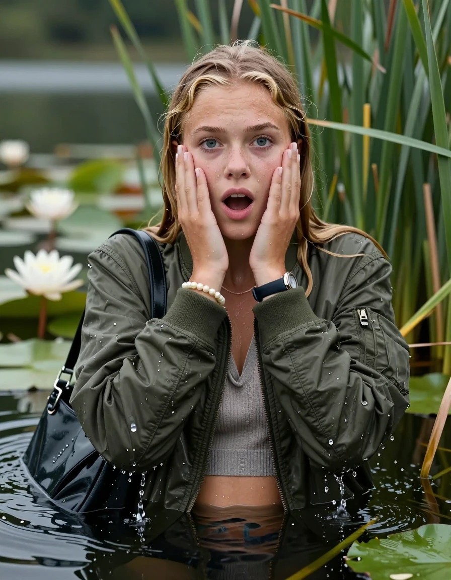 photo of young woman, in soaking wet, drenched clothes,
, , Bomber jacket, v-neck sweater belly free, shoulderbag, pearl necklace, bracelet, wristwatch, Go back in the water after diving in a lake with water lilies and reeds, 
enjoying, wet clothes stuck to body,
detailed textures of the wet clothes, wet face, wet plastered hair,
wet, drenched, professional, high-quality details, full body view.
sharp focus, ultra-high pixel detail, realistic, high-quality, full colors, incredibly detailed, 4k, 8k, 16k, hyper-realistic, RAW photo, masterpiece, ultra-detailed, professionally color graded, professional photograph, Blonde sleek Long straight hair

15 years old  teenage girl

Looking at camera, open mouth, big eyes. hands on her face. Whole body and shoulders are submerged under the surface.

she is completely underwater up to her neck,  horny and shocked expression.

She hides in the reeds.

her submerged clothes are hardly vusible under water, she soaked her handbag into the water

her clothing is soaking wet and clinging tightly to her skin, showing heavy wet folds, darkened fabric texture, and deep water-saturated Patches, her clothes are heavy from the water, water runs from her body and her clothes in streams. A lot of water also runs out of her clothes. Her clothes are darkened by the water. Her submerged clothes are good visible under the water.  she soaked her handbag into the water.

close up view, wet skin, wet clothes, wet hair, damp fabric, water runs down the clothes, wet skin, wet clothes, damp fabric. cinematic medium shot, hyper-realistic wetness, high-contrast water sheen, sharp focus, 16k resolution, professional photography, realistic water physics., wet skin, wet clothes, damp fabric, wet skin, wet clothes, damp fabric, wet skin, wet clothes, damp fabric