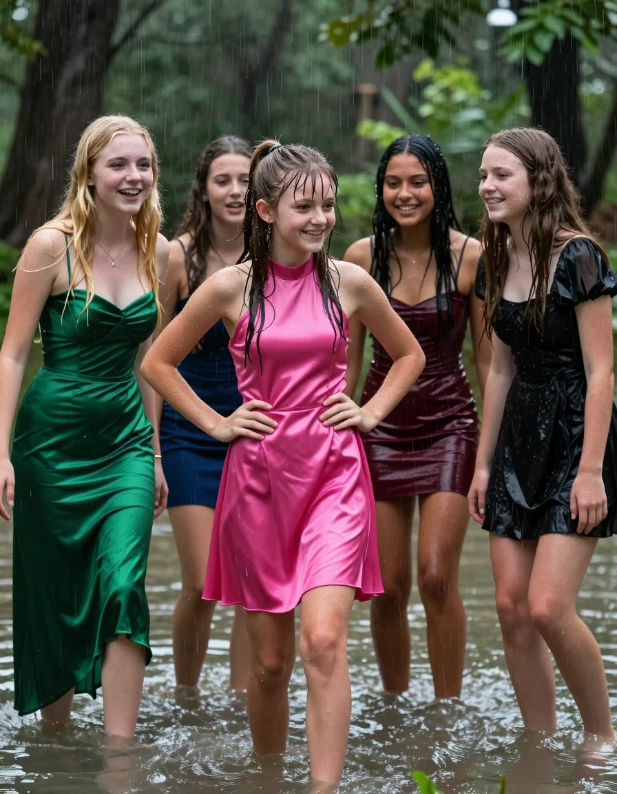 photo of young woman, in soaking wet, drenched clothes,
, , dress, 4.college girls playing in a flooded forest in the heavy rain , 
enjoying, wet clothes stuck to body,
detailed textures of the wet clothes, wet face, wet plastered hair,
wet, drenched, professional, high-quality details, full body view.
sharp focus, ultra-high pixel detail, realistic, high-quality, full colors, incredibly detailed, 4k, 8k, 16k, hyper-realistic, RAW photo, masterpiece, ultra-detailed, professionally color graded, professional photograph, Small young college girls both having fun together. All a similar age, a small nineteen year old girl, with a flat and slim body, skinny body, flat and skinny chest, a She has a wide square young face but a small very skinny waist and skinny legs, a very small chest and very small breasts, she is a pale brunette with ponytail and bangs. She has a small body, She is full of youthful energy. wearing a bright pink formal satin cocktail dress with a highish neckline. she has her hands on her hips,. Her friend has blonde hair and large size DD breasts,a wide square face, she is wearing a green satin strapless prom dress. The third girl is 19, with a tan complexion and dark black hair, she is wearing a maroon mini dress, The 4th girl is brunette with a small body and thin legs, she is wearing a black cocktail dress with short sleeve, all of them except the blonde girl have very small breasts. wet skin, wet clothes, damp fabric,, wet skin, wet clothes, damp fabric, wet skin, wet clothes, damp fabric, wet skin, wet clothes, damp fabric, wet skin, wet clothes, damp fabric