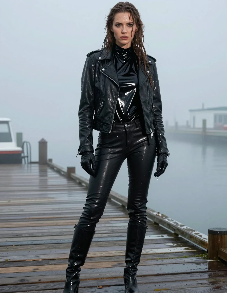 A photorealistic full-body shot of a young adult European woman with long, dripping wet brown hair, standing on a wooden pier at the docks. She is wearing a black bikers leather jacket over an oversize black vinyl polar neck shirt, with black leather gloves on her hands. She wears black leather jeans and black leather knee-high boots. Every garment is visibly drenched, with the vinyl shirt and leather jacket showing heavy water sheen, clinging to her form, and reflecting the dim ambient light. Her skin is glistening and wet from the heavy mist. The scene is set in a thick, atmospheric heavy mist at the docks, creating a moody, cinematic environment. The lighting is cold and diffuse, highlighting the glossy textures of the wet leather and vinyl. The image is captured with high-detail photographic precision, focusing on the realistic textures of wet fabric, water-slicked surfaces, and the weight of saturated clothing. No nudity, clean anatomy, fully clothed, realistic textures.