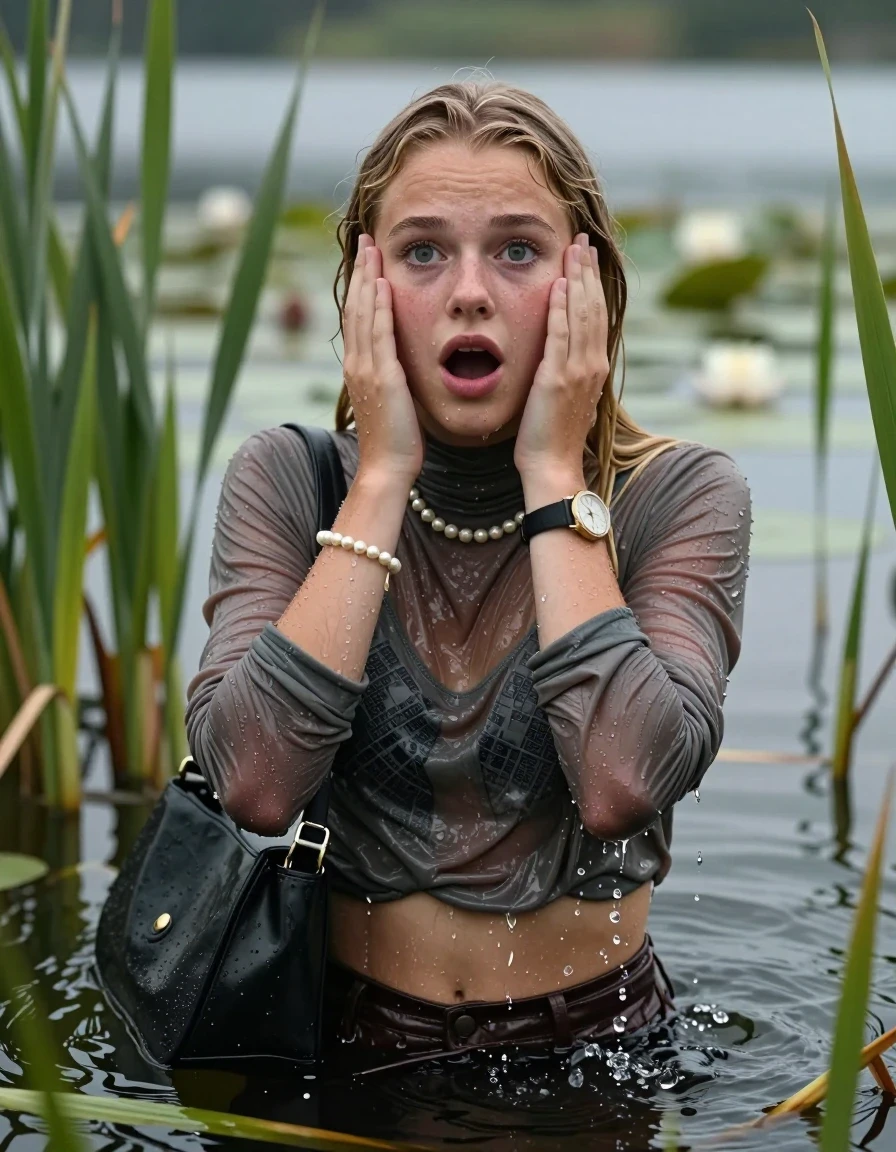 photo of young woman, in soaking wet, drenched clothes,
, , Turtleneck oh sweater belly free with diamond pattern , shoulderbag, pearl necklace, bracelet, wristwatch, Go back in the water after diving in a lake with water lilies and reeds, 
enjoying, wet clothes stuck to body,
detailed textures of the wet clothes, wet face, wet plastered hair,
wet, drenched, professional, high-quality details, full body view.
sharp focus, ultra-high pixel detail, realistic, high-quality, full colors, incredibly detailed, 4k, 8k, 16k, hyper-realistic, RAW photo, masterpiece, ultra-detailed, professionally color graded, professional photograph, Slim  Blonde sleek Long straight hair

15 years old  teenage girl

Looking at camera, open mouth, big eyes. Hold a hand on her face. Whole body and shoulders are submerged under the surface.

she is completely underwater up to her neck,  horny and shocked expression.

She hides in the reeds.

her submerged clothes are hardly vusible under water, she soaked her handbag into the water

her clothing is soaking wet and clinging tightly to her skin, showing heavy wet folds, darkened fabric texture, and deep water-saturated Patches, her clothes are heavy from the water, water runs from her body and her clothes in streams. A lot of water also runs out of her clothes. Her clothes are darkened by the water. Her submerged clothes are good visible under the water.  she soaked her handbag into the water.

close up view, wet skin, wet clothes, wet hair, damp fabric, water runs down the clothes, wet skin, wet clothes, damp fabric. cinematic medium shot, hyper-realistic wetness, high-contrast water sheen, sharp focus, 16k resolution, professional photography, realistic water physics., wet skin, wet clothes, damp fabric, wet skin, wet clothes, damp fabric, wet skin, wet clothes, damp fabric