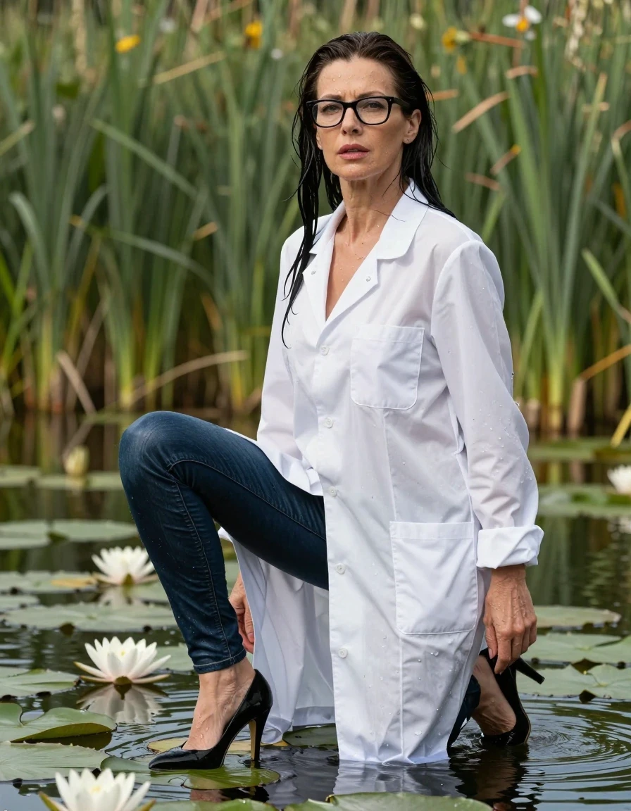 photo of young woman, in soaking wet, drenched clothes,
black shoes with high heels, long dark blue leather jeans, maxi white labcoat, diving submerged in a lake with water lilies and reeds, enjoying wet clothes stuck body, enjoying, wet clothes stuck to body, 
enjoying, wet clothes stuck to body,
detailed textures of the wet clothes, wet face, wet plastered hair,
wet, drenched, professional, high-quality details, full body view.
sharp focus, ultra-high pixel detail, realistic, high-quality, full colors, incredibly detailed, 4k, 8k, 16k, hyper-realistic, RAW photo, masterpiece, ultra-detailed, professionally color graded, professional photograph, europen brunette skinny woman 50 years old, long dark black hair, office glasses, very big and thick lips, complete body, wet skin, wet clothes, damp fabric, wet skin, wet clothes, damp fabric, wet skin, wet clothes, damp fabric, wet skin, wet clothes, damp fabric, wet skin, wet clothes, damp fabric, wet skin, wet clothes, damp fabric, wet skin, wet clothes, damp fabric