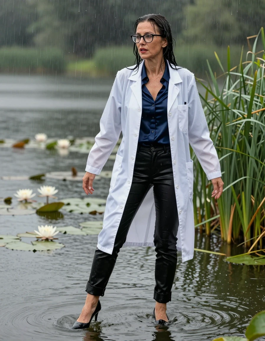 photo of young woman, in soaking wet, drenched clothes,
black shoes with high heels, long black leather trousers, dark blue silk satin shirt, maxi white labcoat, Emerging submerged after diving in a lake with water lilies and reeds, rain,, enjoying wet clothes stuck body, enjoying, wet clothes stuck to body, 
enjoying, wet clothes stuck to body,
detailed textures of the wet clothes, wet face, wet plastered hair,
wet, drenched, professional, high-quality details, full body view.
sharp focus, ultra-high pixel detail, realistic, high-quality, full colors, incredibly detailed, 4k, 8k, 16k, hyper-realistic, RAW photo, masterpiece, ultra-detailed, professionally color graded, professional photograph, europen brunette skinny woman 50 years old, long dark black hair, office glasses, very big and thick lips, complete body, wet skin, wet clothes, damp fabric, wet skin, wet clothes, damp fabric, wet skin, wet clothes, damp fabric, wet skin, wet clothes, damp fabric, wet skin, wet clothes, damp fabric, wet skin, wet clothes, damp fabric, wet skin, wet clothes, damp fabric