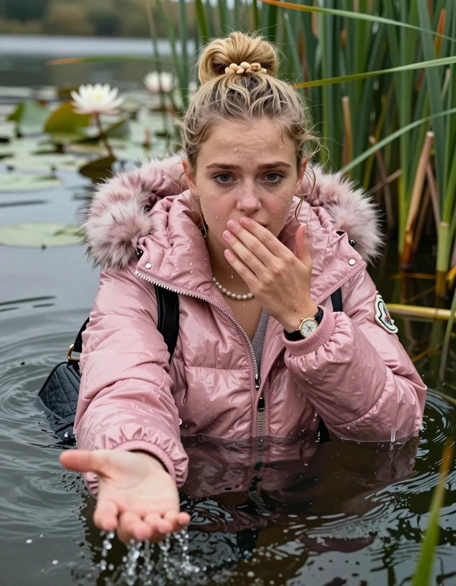 photo of young woman, in soaking wet, drenched clothes,
, , Pink Moncler shiny puffer down coat with fur, v-neck sweater, shoulderbag, pearl necklace, bracelet, wristwatch, Go back in the water after diving in a lake with water lilies and reeds, 
enjoying, wet clothes stuck to body,
detailed textures of the wet clothes, wet face, wet plastered hair,
wet, drenched, professional, high-quality details, full body view.
sharp focus, ultra-high pixel detail, realistic, high-quality, full colors, incredibly detailed, 4k, 8k, 16k, hyper-realistic, RAW photo, masterpiece, ultra-detailed, professionally color graded, professional photograph, Blonde Topknot

15 years old  teenage girl

Looking slightly away, open mouth, big eyes. hold with a flat hand the viewer's hand, pulling them toward the center of the water.  The other hand covers her mouth. Whole body and shoulders are submerged under the surface. Looking up at camera. horny eyes.

she is completely underwater up to her neck,  sad but enjoying expression.

She hides in the reeds.

her submerged clothes are hardly vusible under water, she soaked her handbag into the water
she is completely underwater up to her neck, afraid and astonished expression. 

her clothing is soaking wet and clinging tightly to her skin, showing heavy wet folds, darkened fabric texture, and deep water-saturated Patches, her clothes are heavy from the water, water runs from her body and her clothes in streams. A lot of water also runs out of her clothes. Her clothes are darkened by the water. Her submerged clothes are good visible under the water.  she soaked her handbag into the water.

close up view, wet skin, wet clothes, wet hair, damp fabric, water runs down the clothes, wet skin, wet clothes, damp fabric. cinematic medium shot, hyper-realistic wetness, high-contrast water sheen, sharp focus, 16k resolution, professional photography, realistic water physics., wet skin, wet clothes, damp fabric, wet skin, wet clothes, damp fabric, wet skin, wet clothes, damp fabric