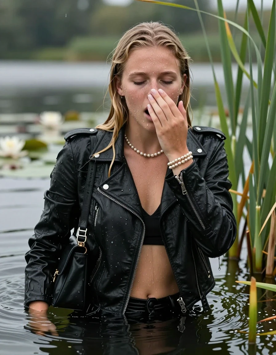 photo of young woman, in soaking wet, drenched clothes,
, , Black biker leatherjacket, v-neck slipover belly free, shoulderbag, pearl necklace, bracelet, wristwatch, Go back in the water after diving in a lake with water lilies and reeds, 
enjoying, wet clothes stuck to body,
detailed textures of the wet clothes, wet face, wet plastered hair,
wet, drenched, professional, high-quality details, full body view.
sharp focus, ultra-high pixel detail, realistic, high-quality, full colors, incredibly detailed, 4k, 8k, 16k, hyper-realistic, RAW photo, masterpiece, ultra-detailed, professionally color graded, professional photograph, Slim  Blonde sleek Long straight hair

15 years old  teenage girl

Looking at camera, open mouth, closed eyes. Cover her nose with her hand. Whole body and shoulders are submerged under the surface.

she is completely underwater up to her neck,  horny and shocked expression.

She hides in the reeds.

her submerged clothes are hardly vusible under water, she soaked her handbag into the water

her clothing is soaking wet and clinging tightly to her skin, showing heavy wet folds, darkened fabric texture, and deep water-saturated Patches, her clothes are heavy from the water, water runs from her body and her clothes in streams. A lot of water also runs out of her clothes. Her clothes are darkened by the water. Her submerged clothes are good visible under the water.  she soaked her handbag into the water.

close up view, wet skin, wet clothes, wet hair, damp fabric, water runs down the clothes, wet skin, wet clothes, damp fabric. cinematic medium shot, hyper-realistic wetness, high-contrast water sheen, sharp focus, 16k resolution, professional photography, realistic water physics., wet skin, wet clothes, damp fabric, wet skin, wet clothes, damp fabric, wet skin, wet clothes, damp fabric, wet skin, wet clothes, damp fabric
