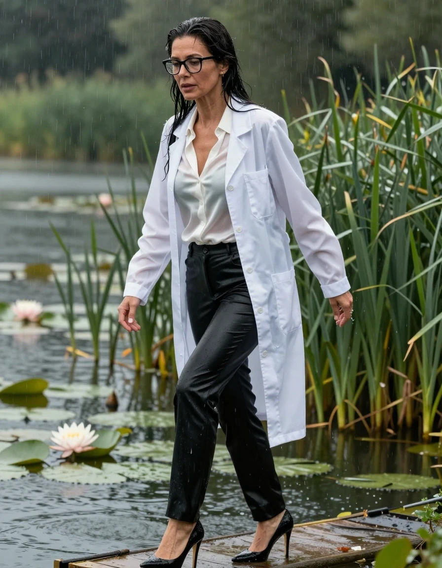 photo of young woman, in soaking wet, drenched clothes,
black shoes with high heels, long black leather trousers, white silk satin shirt, maxi white labcoat, Emerging after diving in a lake with water lilies and reeds, rain,, enjoying wet clothes stuck body, enjoying, wet clothes stuck to body, 
enjoying, wet clothes stuck to body,
detailed textures of the wet clothes, wet face, wet plastered hair,
wet, drenched, professional, high-quality details, full body view.
sharp focus, ultra-high pixel detail, realistic, high-quality, full colors, incredibly detailed, 4k, 8k, 16k, hyper-realistic, RAW photo, masterpiece, ultra-detailed, professionally color graded, professional photograph, europen brunette skinny woman 50 years old, long dark black hair, office glasses, very big and thick lips, complete body, wet skin, wet clothes, damp fabric, wet skin, wet clothes, damp fabric, wet skin, wet clothes, damp fabric, wet skin, wet clothes, damp fabric, wet skin, wet clothes, damp fabric, wet skin, wet clothes, damp fabric, wet skin, wet clothes, damp fabric
