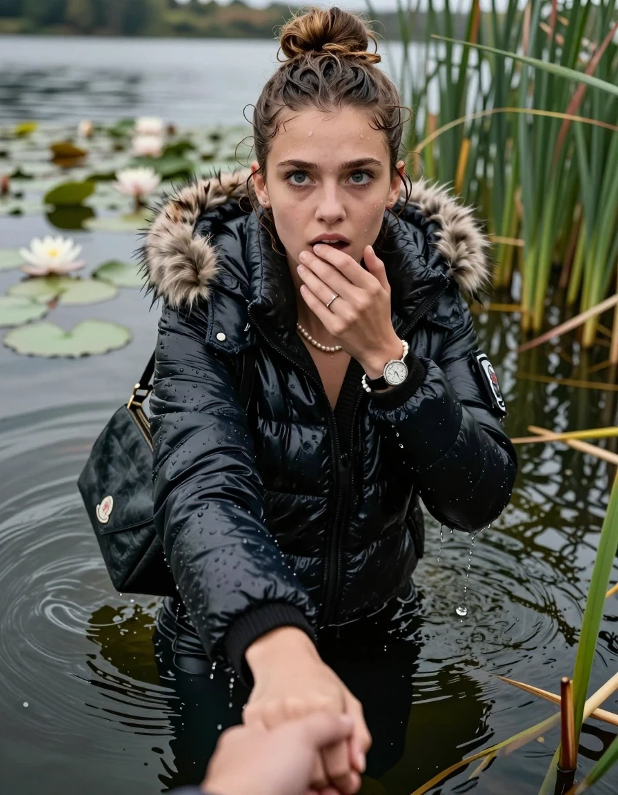 photo of young woman, in soaking wet, drenched clothes,
, black leatherleggings , Moncler shiny puffer down coat with fur, v-neck sweater, shoulderbag, pearl necklace, bracelet, wristwatch, Go back in the water after diving in a lake with water lilies and reeds, 
enjoying, wet clothes stuck to body,
detailed textures of the wet clothes, wet face, wet plastered hair,
wet, drenched, professional, high-quality details, full body view.
sharp focus, ultra-high pixel detail, realistic, high-quality, full colors, incredibly detailed, 4k, 8k, 16k, hyper-realistic, RAW photo, masterpiece, ultra-detailed, professionally color graded, professional photograph, Topknot

15 years old  teenage girl

Looking up, head in the neck, open mouth, big eyes. 0ne hand on her mouth, hold with the other the viewer's hand, pulling them toward the center of the water.  Whole body and shoulders are submerged under the surface. Looking up at camera. horny eyes.

she is completely underwater up to her neck,  afraid and sexuell astonished expression.

She hides in the reeds.

her submerged clothes are hardly vusible under water, she soaked her handbag into the water
she is completely underwater up to her neck, afraid and astonished expression. 

her clothing is soaking wet and clinging tightly to her skin, showing heavy wet folds, darkened fabric texture, and deep water-saturated Patches, her clothes are heavy from the water, water runs from her body and her clothes in streams. A lot of water also runs out of her clothes. Her clothes are darkened by the water. Her submerged clothes are good visible under the water.  she soaked her handbag into the water.

close up view, wet skin, wet clothes, wet hair, damp fabric, water runs down the clothes, wet skin, wet clothes, damp fabric. cinematic medium shot, hyper-realistic wetness, high-contrast water sheen, sharp focus, 16k resolution, professional photography, realistic water physics., wet skin, wet clothes, damp fabric, wet skin, wet clothes, damp fabric, wet skin, wet clothes, damp fabric