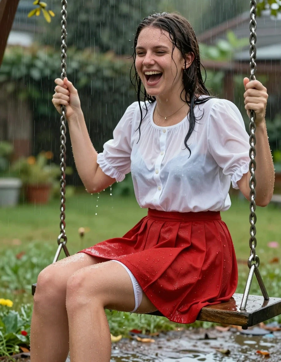 photo of young woman, in soaking wet, drenched clothes,
barfusses, roter kurzer Faltenrock aus Baumwolle, weißer Slip aus Satin., weisse Sommerbluse mit Puffärmeln, im Garten auf einer Schaukel, 
enjoying, wet clothes stuck to body,
detailed textures of the wet clothes, wet face, wet plastered hair,
wet, drenched, professional, high-quality details, full body view.
sharp focus, ultra-high pixel detail, realistic, high-quality, full colors, incredibly detailed, 4k, 8k, 16k, hyper-realistic, RAW photo, masterpiece, ultra-detailed, professionally color graded, professional photograph, Eine Schülerin sitzt voll bekleidet auf einer Schaukel im Regen, ihre Bekleidung ist völlig durchnässt und wirft Falten, sie hat ihre Beine weit gespreizt und an man sieht ihren weißen Slip aus Satin. Sie lacht fröhlich mit offenem Mund., wet skin, wet clothes, damp fabric
