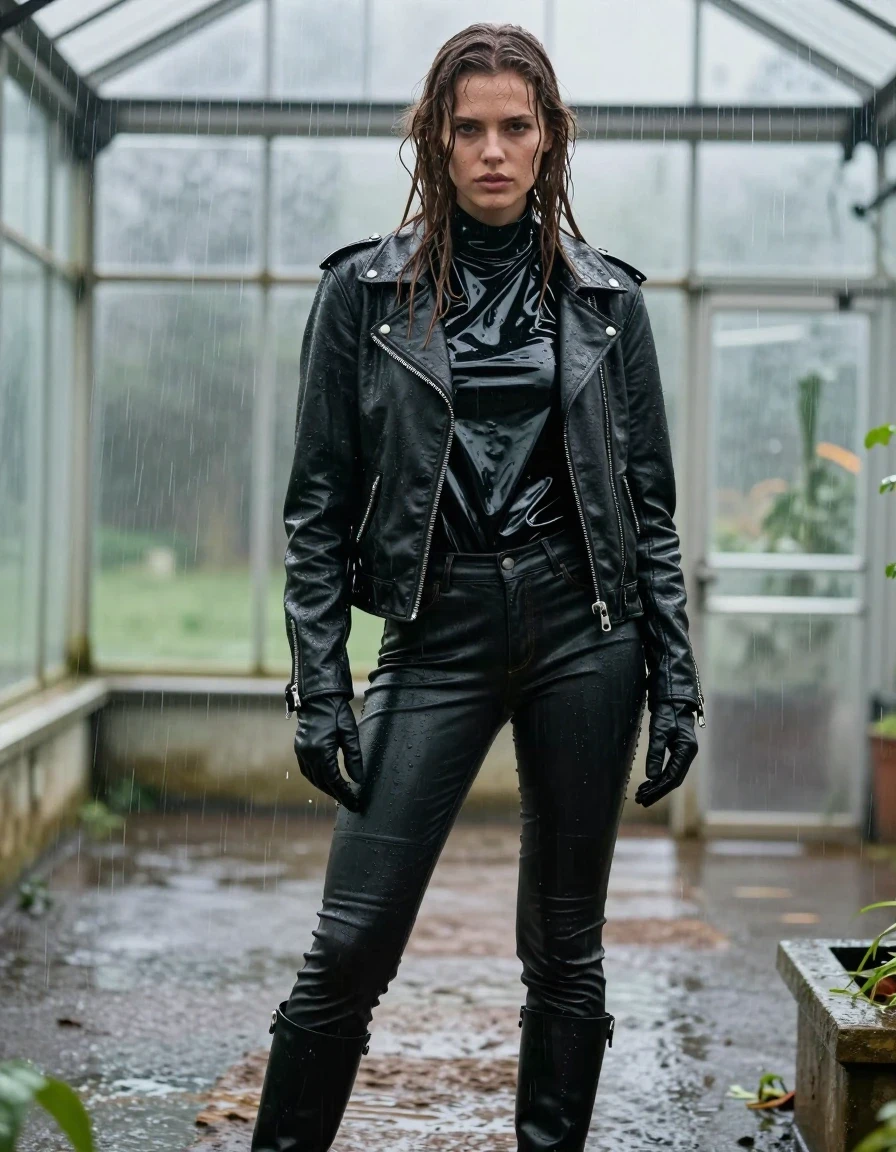 A photorealistic full-body portrait of a young adult European woman with long, dripping wet brown hair, standing in a leaking greenhouse during a torrential downpour. She is wearing an oversize black vinyl polar neck shirt with a high-gloss, reflective finish, layered under a rugged black biker leather jacket, paired with black leather jeans that cling to her legs due to the heavy rain, and black leather knee-high boots. She wears black leather gloves on both hands. Her skin and clothing are thoroughly drenched, with water sheen, heavy wet folds, and visible water runoff. The wet vinyl and leather surfaces exhibit strong specular highlights and deep, saturated tones. The greenhouse environment is atmospheric and damp, with water leaking through the glass structure, creating a misty, rain-swept ambiance. The lighting is natural and moody, emphasizing the textures of the soaked fabrics and wet skin. The image is clean, fully clothed, and maintains high-fidelity photographic detail, focusing on the realistic interaction between the heavy rain and the various materials.