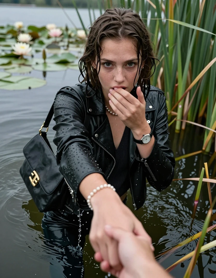 photo of young woman, in soaking wet, drenched clothes,
, black leatherleggings , Learherjacket, v-neck sweater, shoulderbag, pearl necklace, bracelet, wristwatch, Go back deep into the water after diving in a lake with water lilies and reeds, 
enjoying, wet clothes stuck to body,
detailed textures of the wet clothes, wet face, wet plastered hair,
wet, drenched, professional, high-quality details, full body view.
sharp focus, ultra-high pixel detail, realistic, high-quality, full colors, incredibly detailed, 4k, 8k, 16k, hyper-realistic, RAW photo, masterpiece, ultra-detailed, professionally color graded, professional photograph, Collarbone bob

15 years old  teenage girl

Looking down, open mouth, big eyes. hold with a hand the other the viewer's hand, pulling them toward the center of the water. One hand on her mouth. Whole body and shoulders are submerged under the surface. Looking up at camera. horny eyes.

she is completely underwater up to her neck,  afraid and astonished expression.

She hides in the reeds.

her submerged clothes are hardly vusible under water, she soaked her handbag into the water
she is completely underwater up to her neck, afraid and astonished expression. 

her clothing is soaking wet and clinging tightly to her skin, showing heavy wet folds, darkened fabric texture, and deep water-saturated Patches, her clothes are heavy from the water, water runs from her body and her clothes in streams. A lot of water also runs out of her clothes. Her clothes are darkened by the water. Her submerged clothes are good visible under the water.  she soaked her handbag into the water.

close up view, wet skin, wet clothes, wet hair, damp fabric, water runs down the clothes, wet skin, wet clothes, damp fabric. cinematic medium shot, hyper-realistic wetness, high-contrast water sheen, sharp focus, 16k resolution, professional photography, realistic water physics., wet skin, wet clothes, damp fabric, wet skin, wet clothes, damp fabric, wet skin, wet clothes, damp fabric