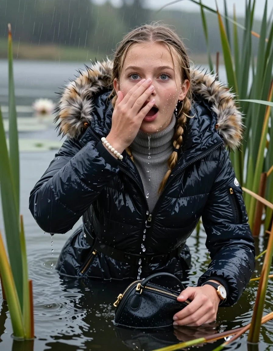 photo of young woman, in soaking wet, drenched clothes,
, , Moncler shiny puffer down coat with fur, tight turtleneck sweater with wide neckline belly free, handbag, pearl necklace, bracelet, wristwatch , Emerging after diving in a lake with water lilies and reeds, rain , 
enjoying, wet clothes stuck to body,
detailed textures of the wet clothes, wet face, wet plastered hair,
wet, drenched, professional, high-quality details, full body view.
sharp focus, ultra-high pixel detail, realistic, high-quality, full colors, incredibly detailed, 4k, 8k, 16k, hyper-realistic, RAW photo, masterpiece, ultra-detailed, professionally color graded, professional photograph, Blonde Pigtails

15 years old  teenage girl

Laying her breast on the surface.  Looking up at Camera . Hold her flat hand in front of her nose. Open mouth, big eyes. Water running down her face and neck and clothes.

she is completely underwater up to her neck, afraid and astonished expression but she giggles anyway.

She hides in the reeds and is surprised by spectators

her submerged clothes are hardly visible under water, she soaked her handbag into the water

her clothing is soaking wet and clinging tightly to her skin, showing heavy wet folds, darkened fabric texture, and deep water-saturated Patches, her clothes are heavy from the water, water runs from her body and her clothes in streams. A lot of water also runs out of her clothes. Her clothes are darkened by the water. Her submerged clothes are good visible under the water.  she soaked her handbag into the water.

close up view, wet skin, wet clothes, wet hair, damp fabric, water runs down the clothes, wet skin, wet clothes, damp fabric. cinematic medium shot, hyper-realistic wetness, high-contrast water sheen, sharp focus, 16k resolution, professional photography, realistic water physics., wet skin, wet clothes, damp fabric, wet skin, wet clothes, damp fabric