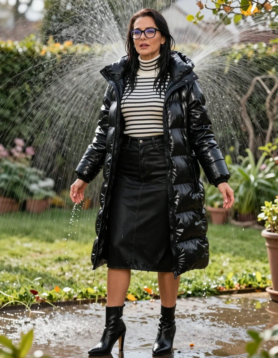 photo of young woman, in soaking wet, drenched clothes,
high-heeled boots, midi black leather denim skirt, white & black striped high-neck sweater, maxi black Shiny puffer down jacket, under sprinklers in sunny garden, enjoying wet clothes stuck body, enjoying, wet clothes stuck to body, 
enjoying, wet clothes stuck to body,
detailed textures of the wet clothes, wet face, wet plastered hair,
wet, drenched, professional, high-quality details, full body view.
sharp focus, ultra-high pixel detail, realistic, high-quality, full colors, incredibly detailed, 4k, 8k, 16k, hyper-realistic, RAW photo, masterpiece, ultra-detailed, professionally color graded, professional photograph, europen brunette skinny woman 50 years old, long dark black hair, office glasses, very big and thick lips, complete body, wet skin, wet clothes, damp fabric, wet skin, wet clothes, damp fabric, wet skin, wet clothes, damp fabric, wet skin, wet clothes, damp fabric, wet skin, wet clothes, damp fabric, wet skin, wet clothes, damp fabric, wet skin, wet clothes, damp fabric