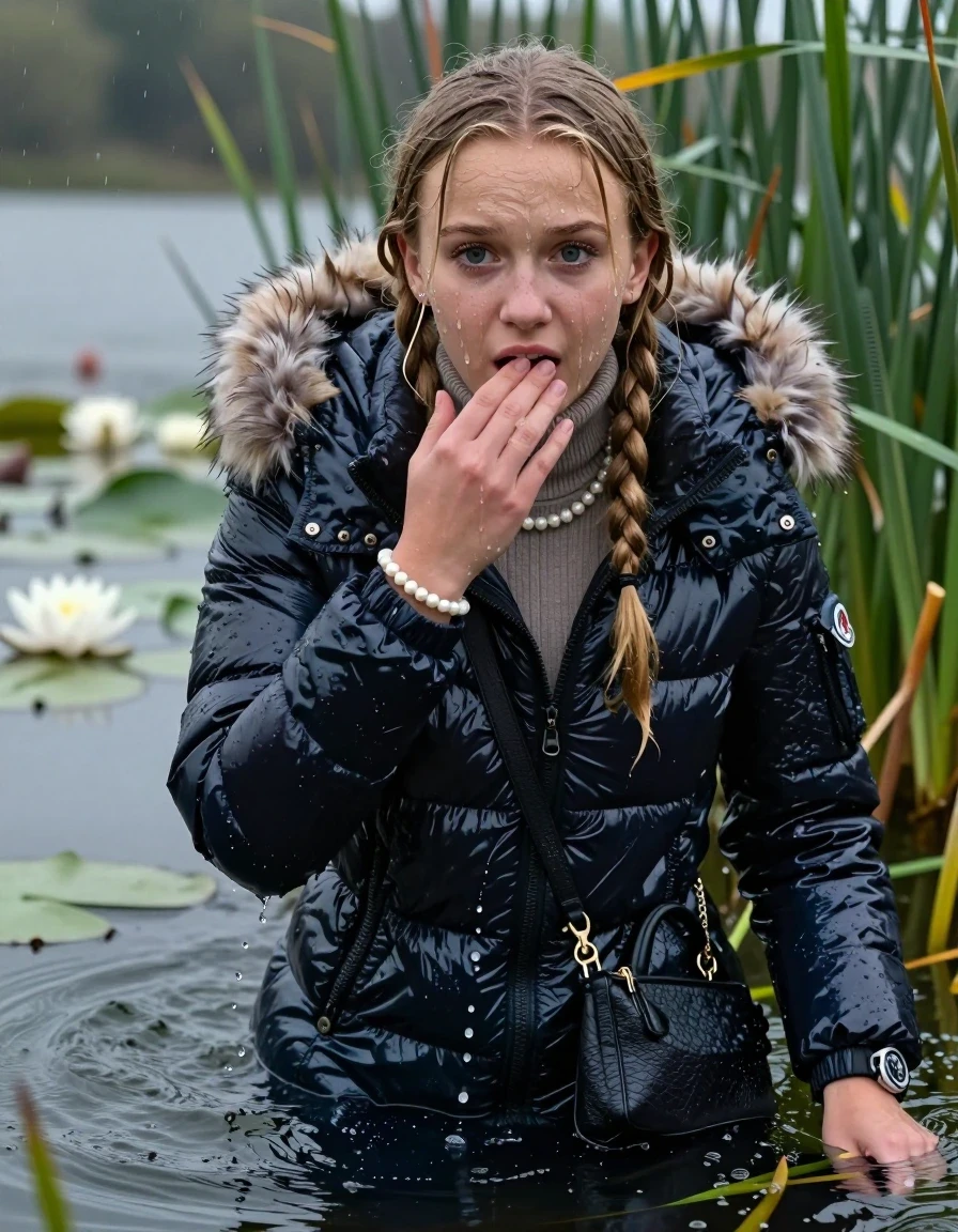 photo of young woman, in soaking wet, drenched clothes,
, , Moncler shiny puffer down coat with fur, tight turtleneck sweater with wide neckline belly free, handbag, pearl necklace, bracelet, wristwatch , Emerging after diving in a lake with water lilies and reeds, rain , 
enjoying, wet clothes stuck to body,
detailed textures of the wet clothes, wet face, wet plastered hair,
wet, drenched, professional, high-quality details, full body view.
sharp focus, ultra-high pixel detail, realistic, high-quality, full colors, incredibly detailed, 4k, 8k, 16k, hyper-realistic, RAW photo, masterpiece, ultra-detailed, professionally color graded, professional photograph, Blonde Pigtails

15 years old  teenage girl

Laying her breast on the surface.  Looking up at Camera . Hold her flat hand on her mouth. Water running down her face and neck and clothes.

she is completely underwater up to her neck, afraid and astonished expression but she giggles anyway.  Look incredulous.

She hides in the reeds and is surprised by spectators

her submerged clothes are hardly visible under water, she soaked her handbag into the water

her clothing is soaking wet and clinging tightly to her skin, showing heavy wet folds, darkened fabric texture, and deep water-saturated Patches, her clothes are heavy from the water, water runs from her body and her clothes in streams. A lot of water also runs out of her clothes. Her clothes are darkened by the water. Her submerged clothes are good visible under the water.  she soaked her handbag into the water.

close up view, wet skin, wet clothes, wet hair, damp fabric, water runs down the clothes, wet skin, wet clothes, damp fabric. cinematic medium shot, hyper-realistic wetness, high-contrast water sheen, sharp focus, 16k resolution, professional photography, realistic water physics., wet skin, wet clothes, damp fabric, wet skin, wet clothes, damp fabric
