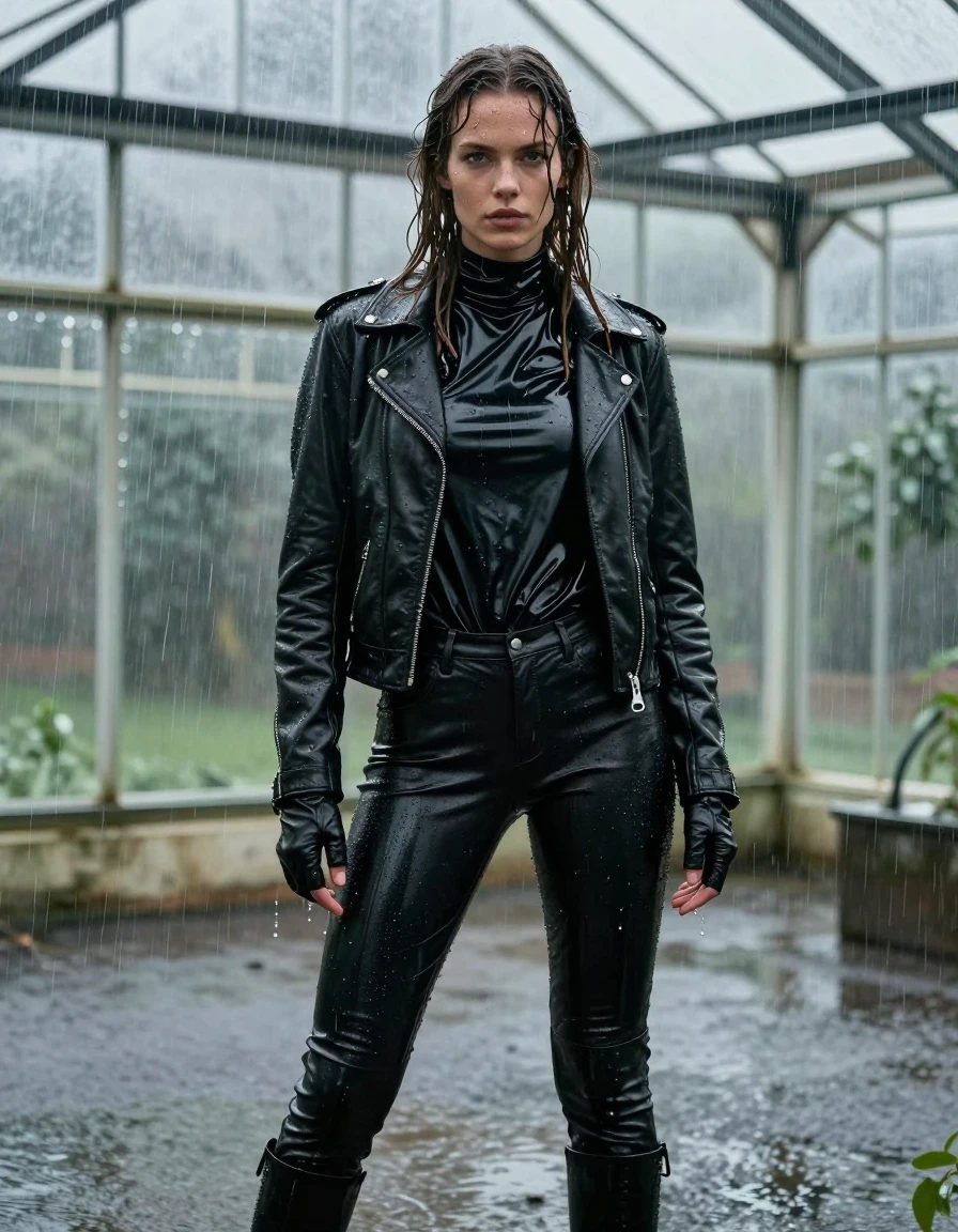 A photorealistic full-body shot of a young adult European woman with long dripping wet brown hair, standing in a greenhouse during a heavy rainstorm. She is wearing an oversized black vinyl polar neck shirt that clings to her frame with a high-gloss wet sheen, a black biker leather jacket, and black leather jeans that appear heavy and saturated with water. She is wearing black leather gloves on both hands and black leather knee-high boots. The entire scene is drenched; water leaks through the greenhouse glass, creating a misty atmosphere. Her skin is glistening with rain, and her clothes are visibly damp and clinging to her body. The heavy rain creates a wet, dark, and reflective environment with water dripping from her hair and clothing. High-contrast lighting, 8k resolution, cinematic composition, hyper-detailed textures of wet leather, vinyl, and skin, no nudity, clean anatomy, realistic rain droplets and water streaks.